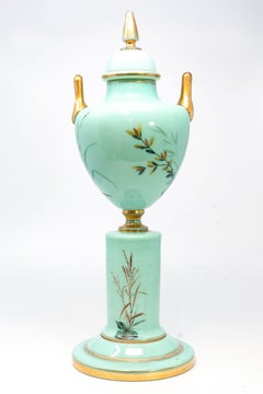 Monumental French Turquoise Opaline Glass Covered Urn on Pedestal with Hand-Pain
