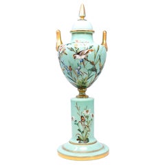 Monumental French Turquoise Opaline Glass Covered Urn on Pedestal with Hand-Pain