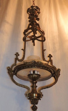 Monumental French Victorian Gilt Bronze Frosted Globe Chandelier Fixture Lantern