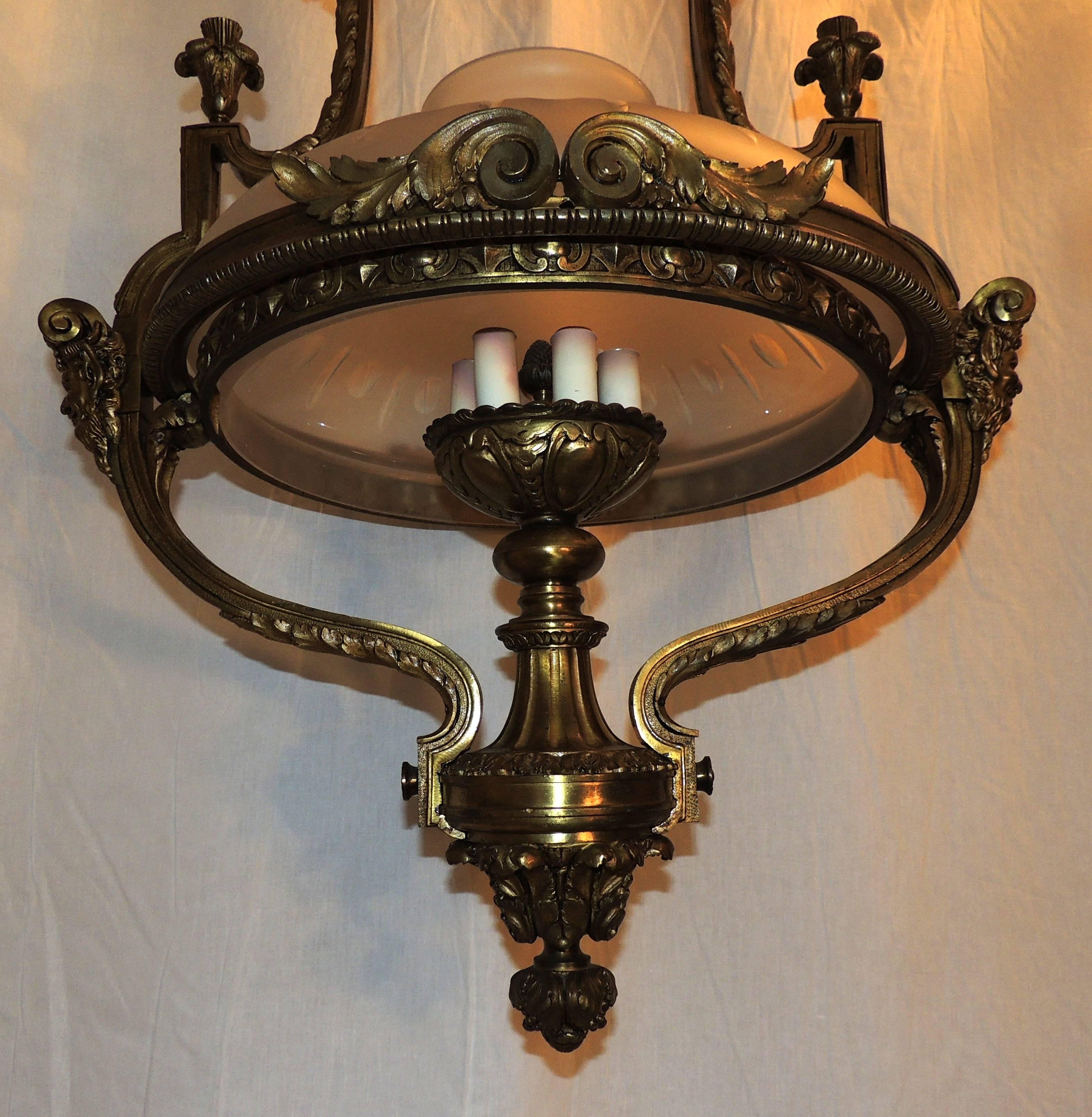 Monumental French Victorian Gilt Bronze Frosted Globe Chandelier Fixture Lantern In Good Condition For Sale In Roslyn, NY