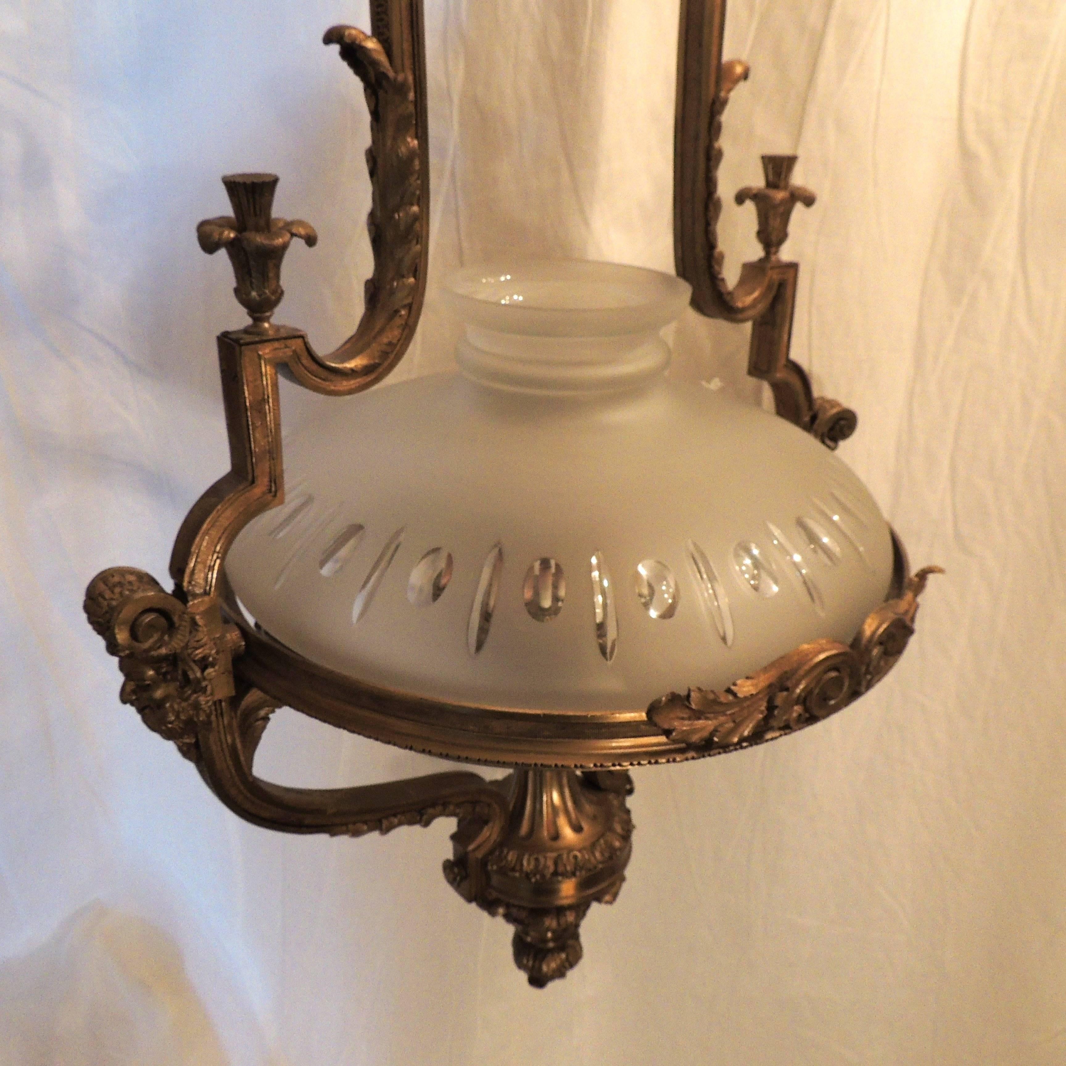 Monumental French Victorian Gilt Bronze Frosted Globe Chandelier Fixture Lantern For Sale 1
