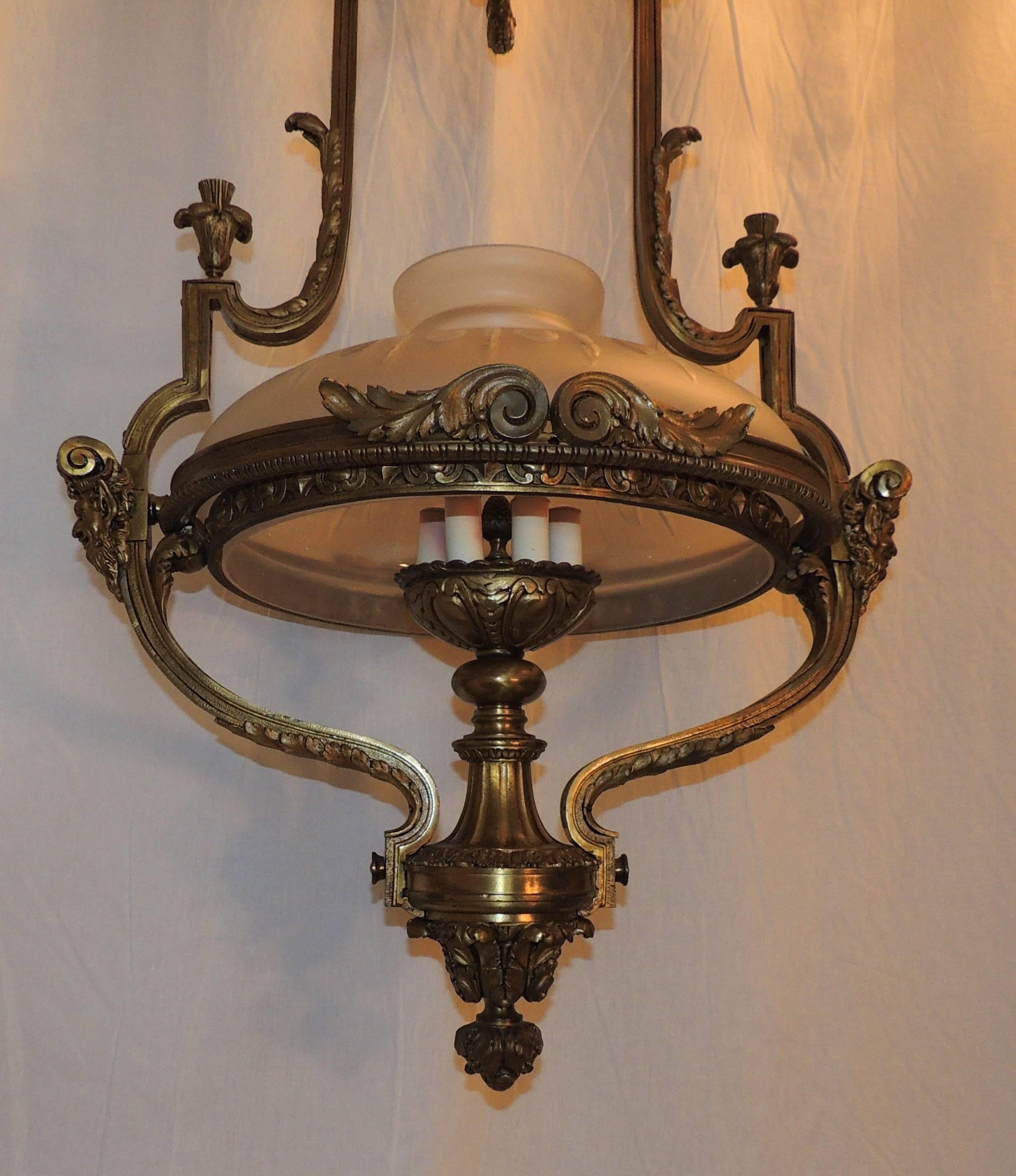 Monumental French Victorian Gilt Bronze Frosted Globe Chandelier Fixture Lantern For Sale 2