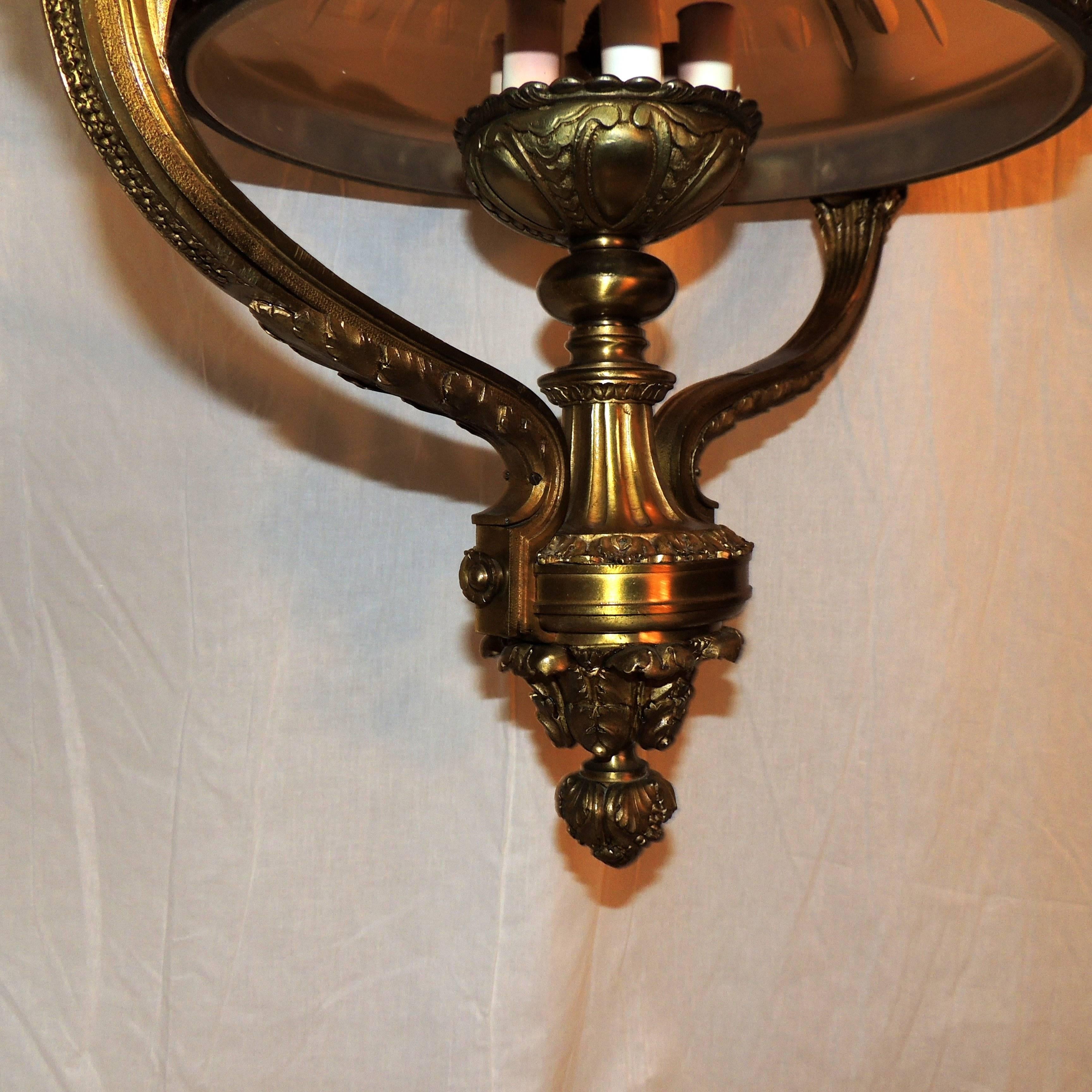 Monumental French Victorian Gilt Bronze Frosted Globe Chandelier Fixture Lantern For Sale 3