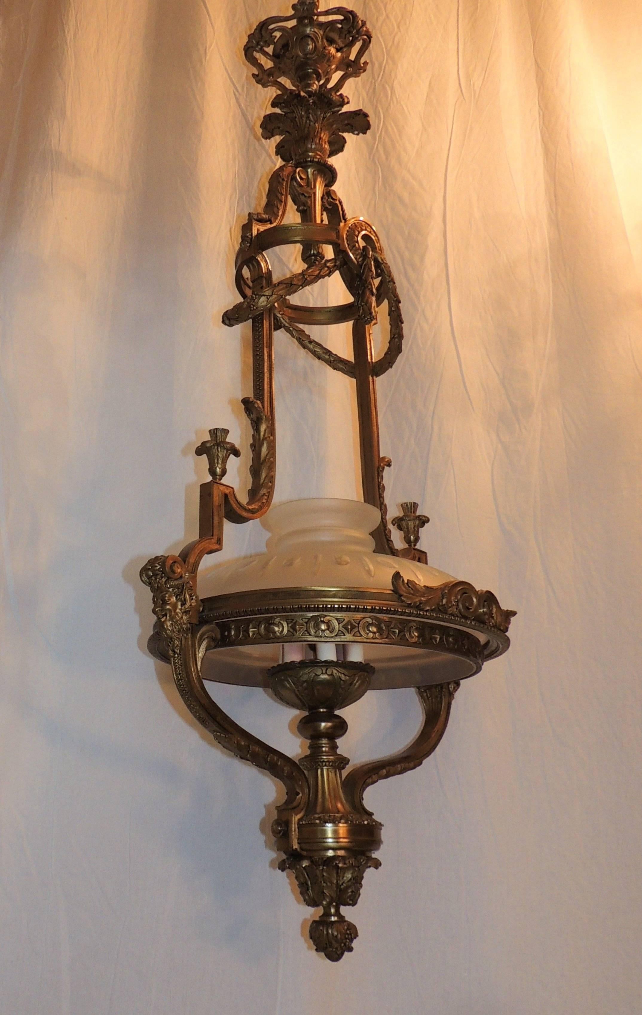Monumental French Victorian Gilt Bronze Frosted Globe Chandelier Fixture Lantern For Sale 4