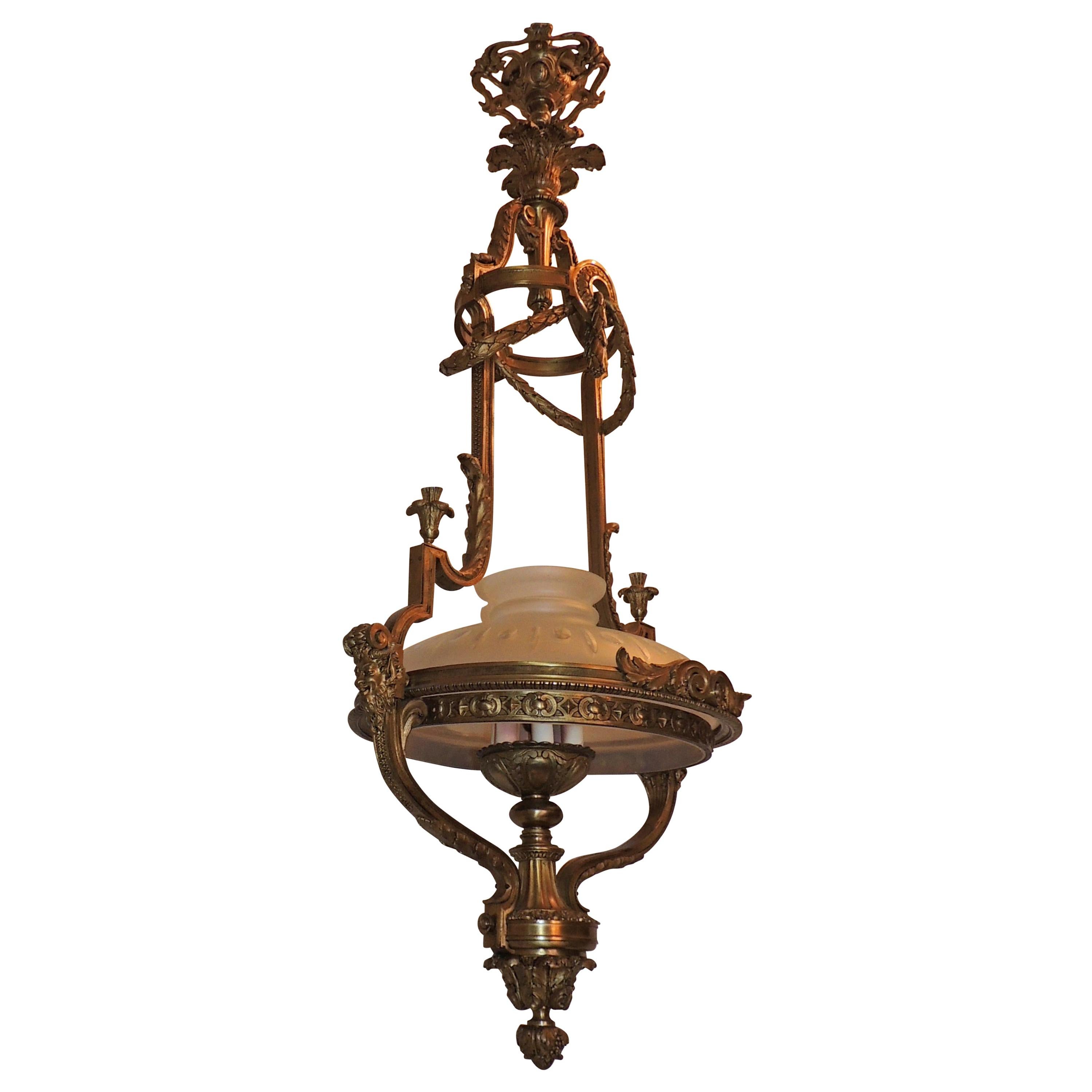 Monumental French Victorian Gilt Bronze Frosted Globe Chandelier Fixture Lantern