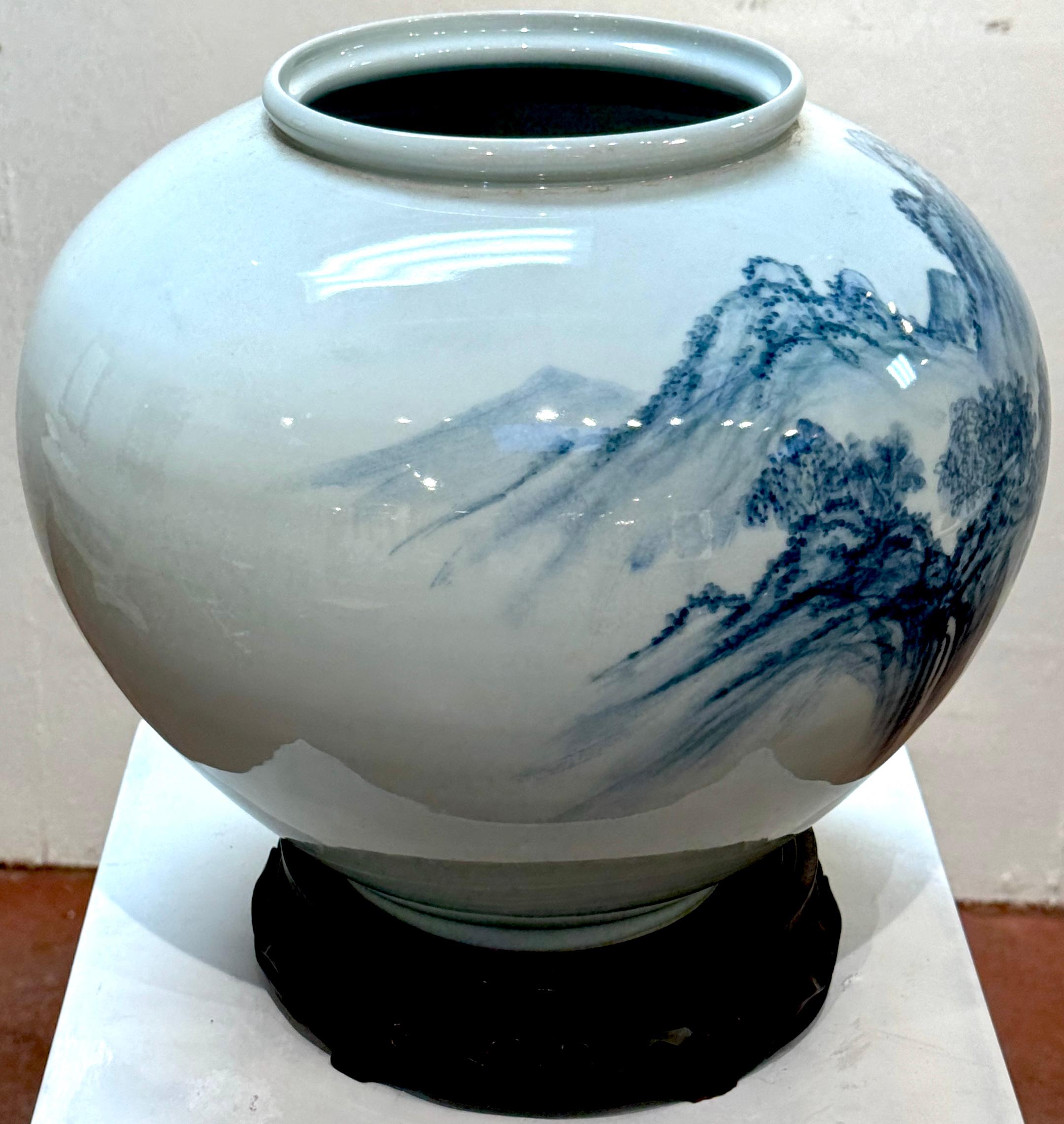 Monumental Fukagawa Blue and White Arita Landscape Vase, Signed, Mid-20th  C. For Sale 4