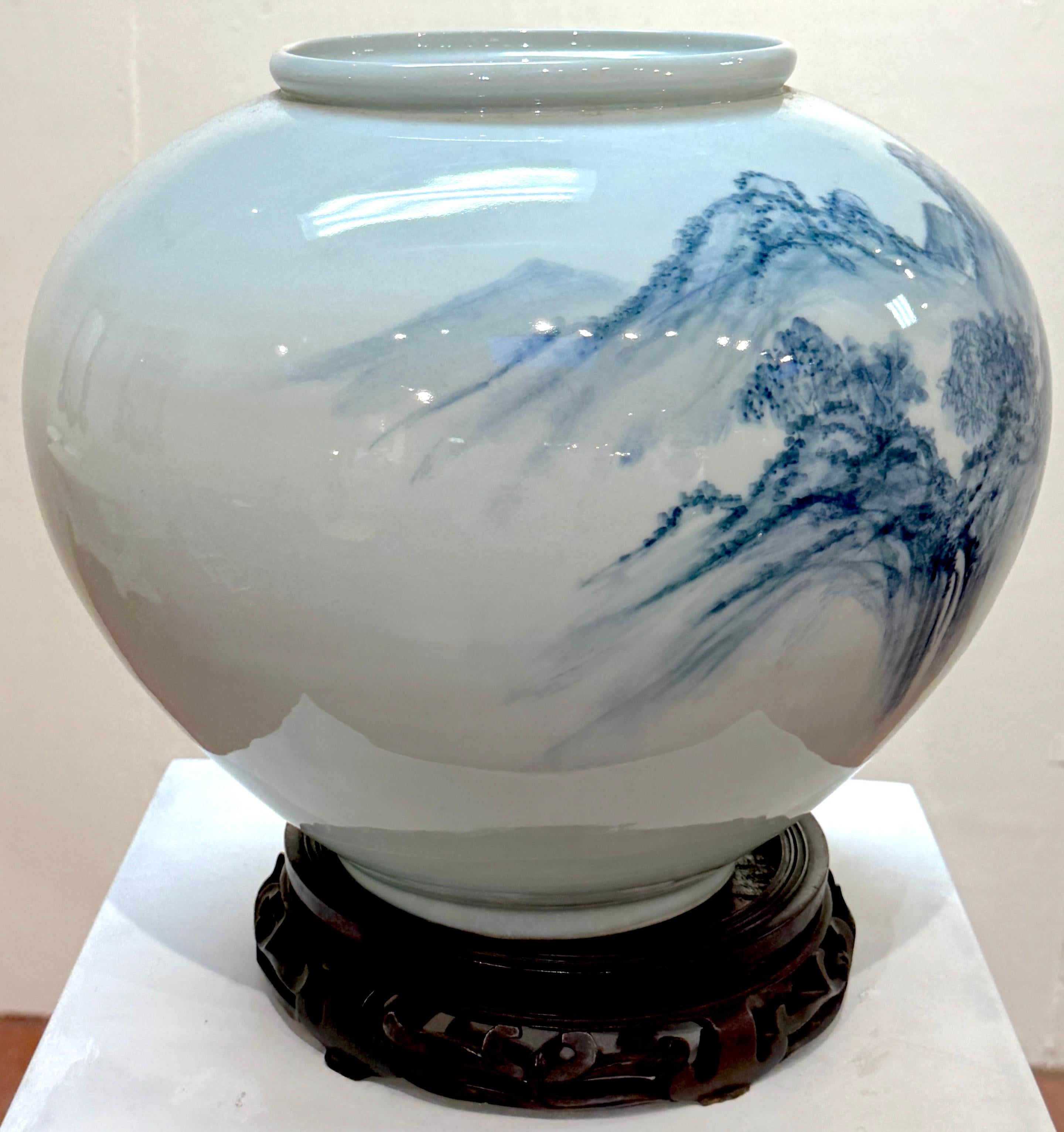 Monumental Fukagawa Blue and White Arita Landscape Vase, Signed, Mid-20th  C. For Sale 6