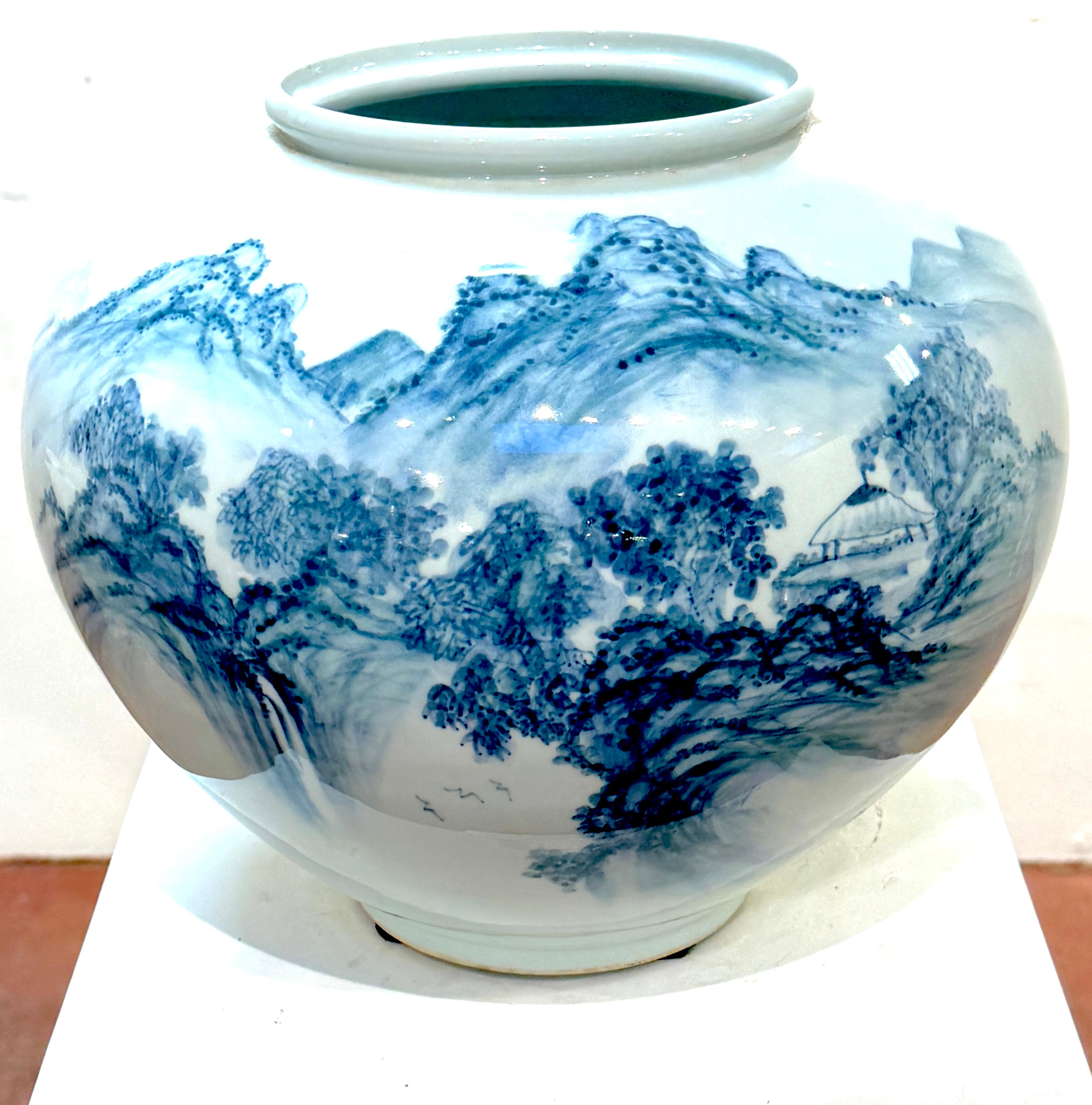Modern Monumental Fukagawa Blue and White Arita Landscape Vase, Signed, Mid-20th  C. For Sale