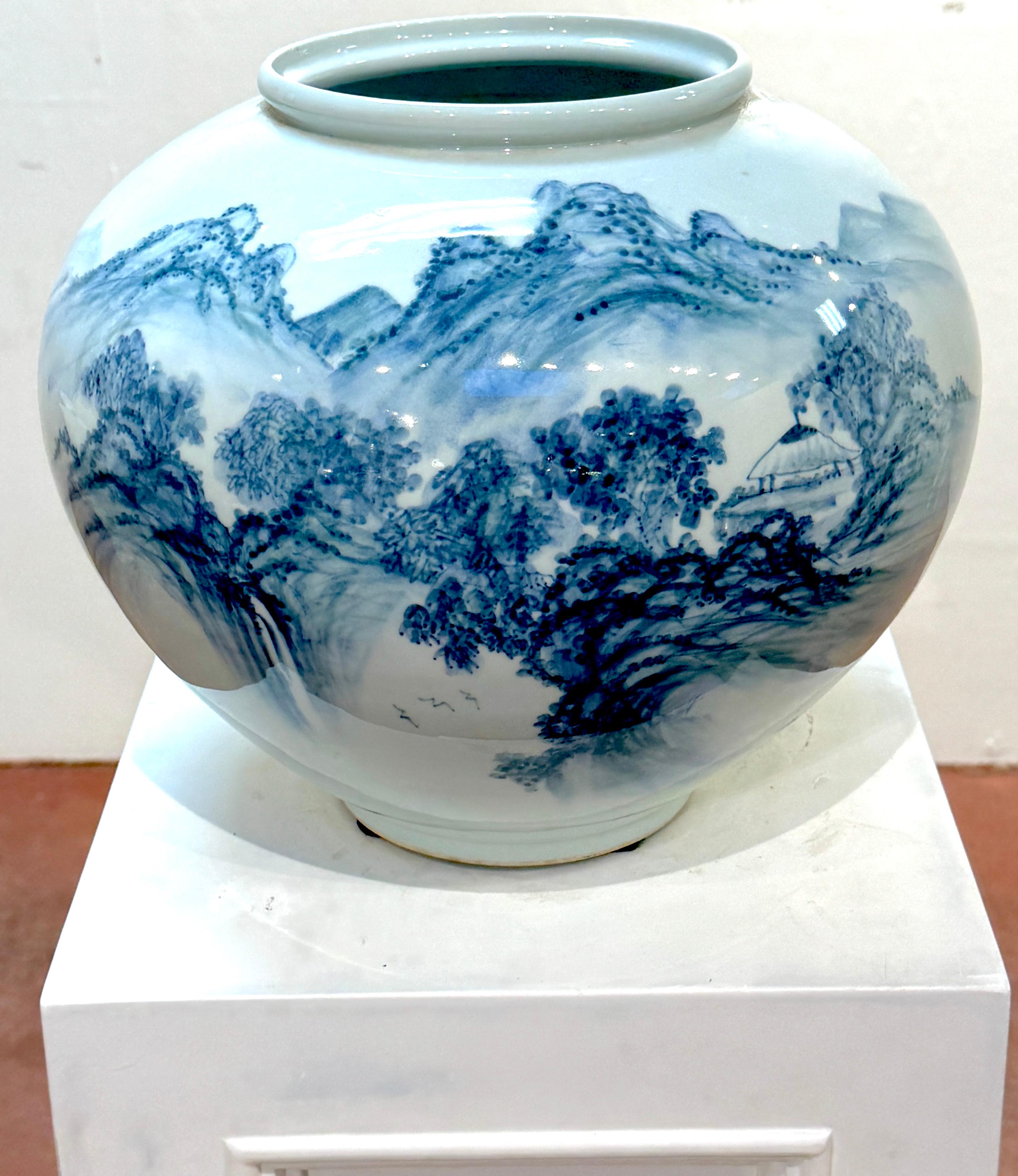Japanese Monumental Fukagawa Blue and White Arita Landscape Vase, Signed, Mid-20th  C. For Sale
