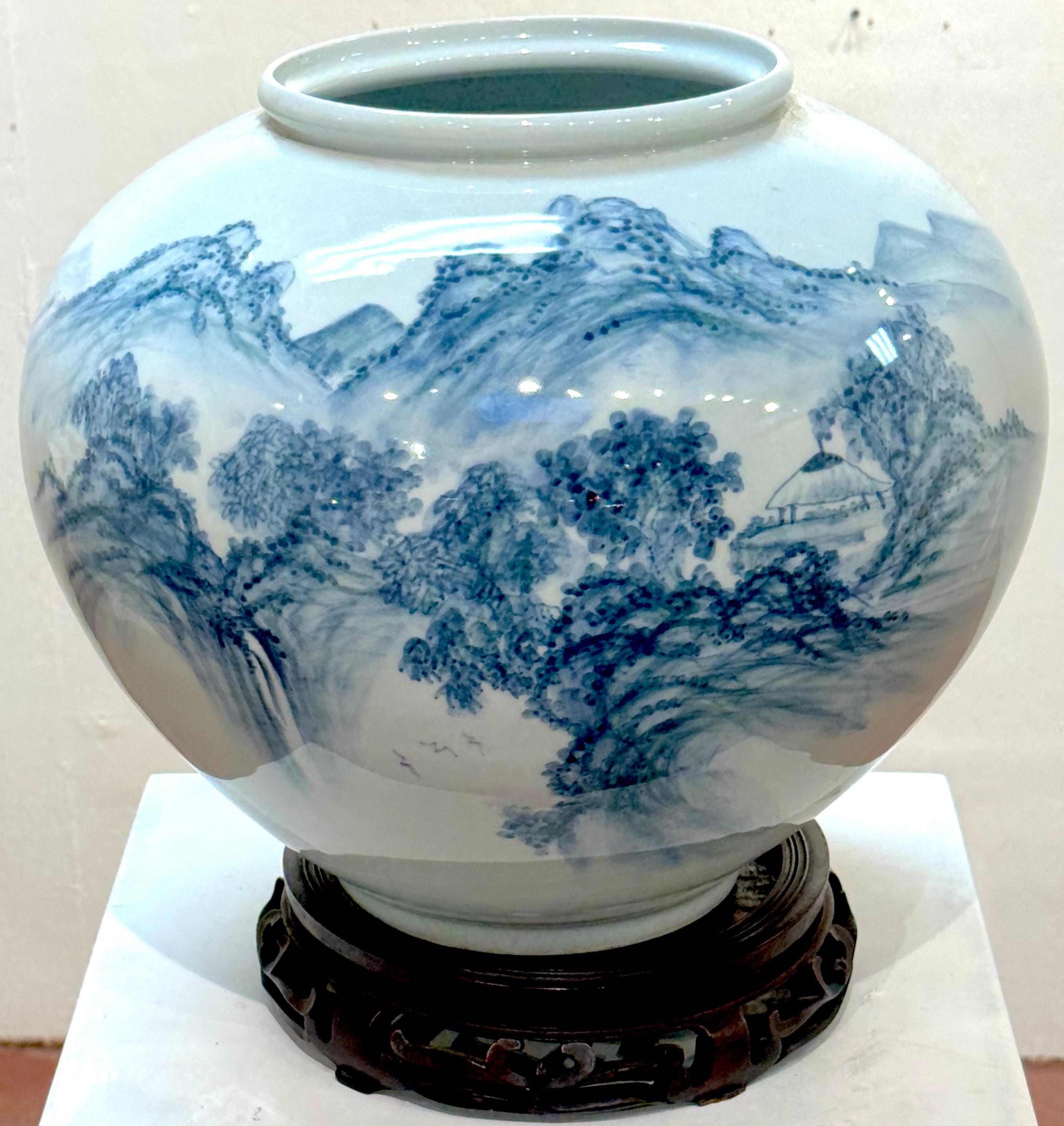 Hand-Carved Monumental Fukagawa Blue and White Arita Landscape Vase, Signed, Mid-20th  C. For Sale