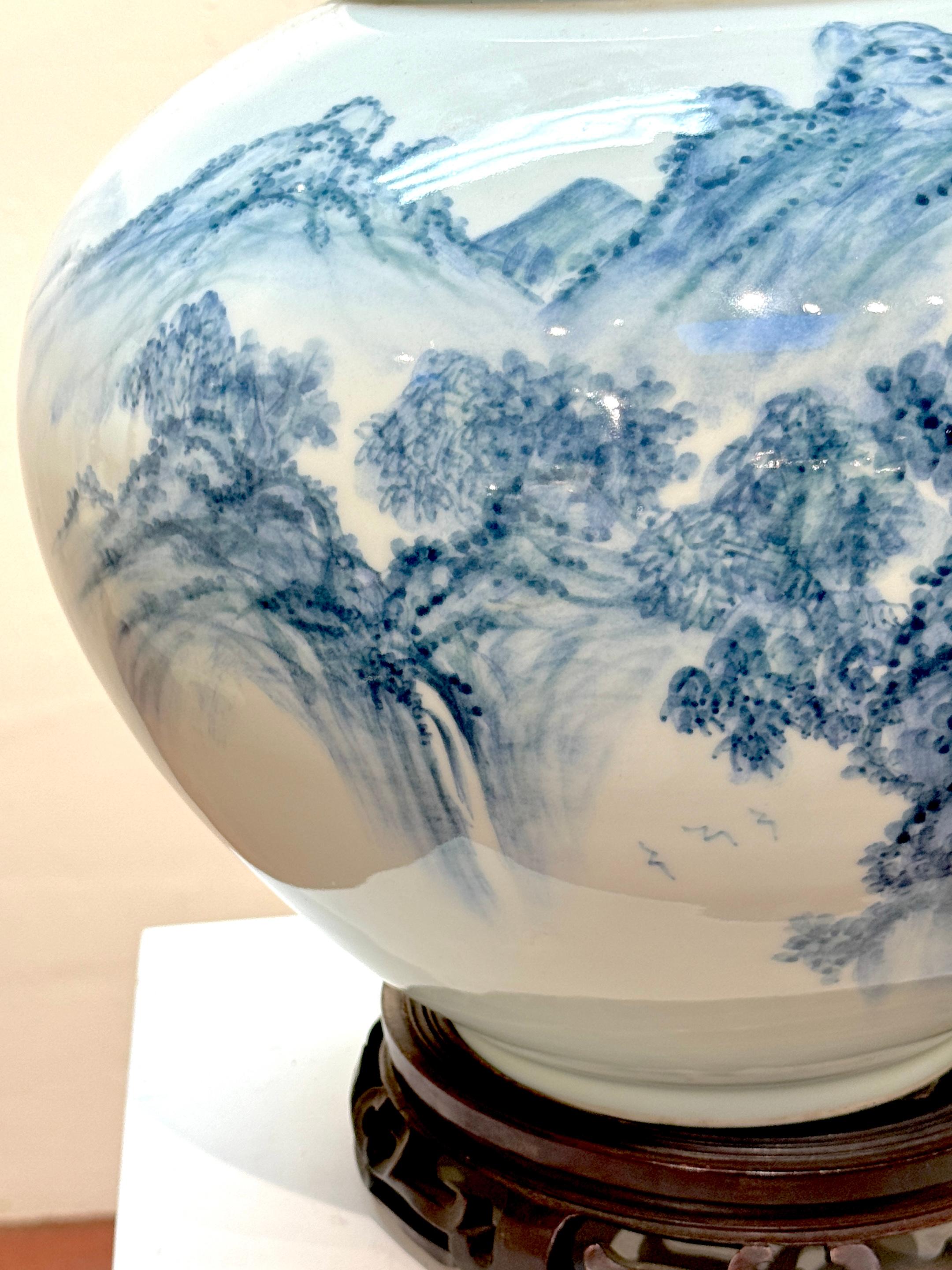 Monumental Fukagawa Blue and White Arita Landscape Vase, Signed, Mid-20th  C. In Good Condition For Sale In West Palm Beach, FL