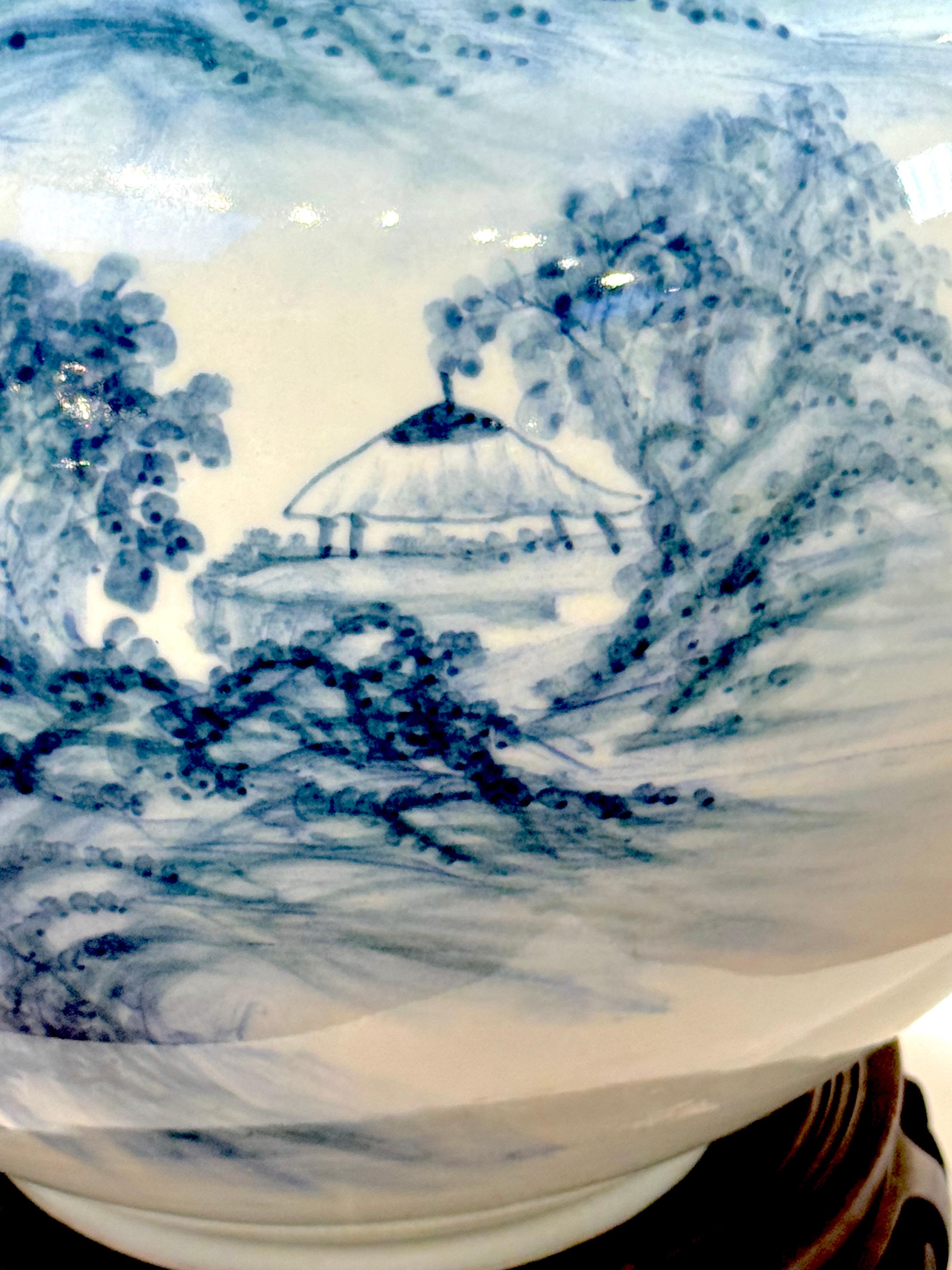 20th Century Monumental Fukagawa Blue and White Arita Landscape Vase, Signed, Mid-20th  C. For Sale