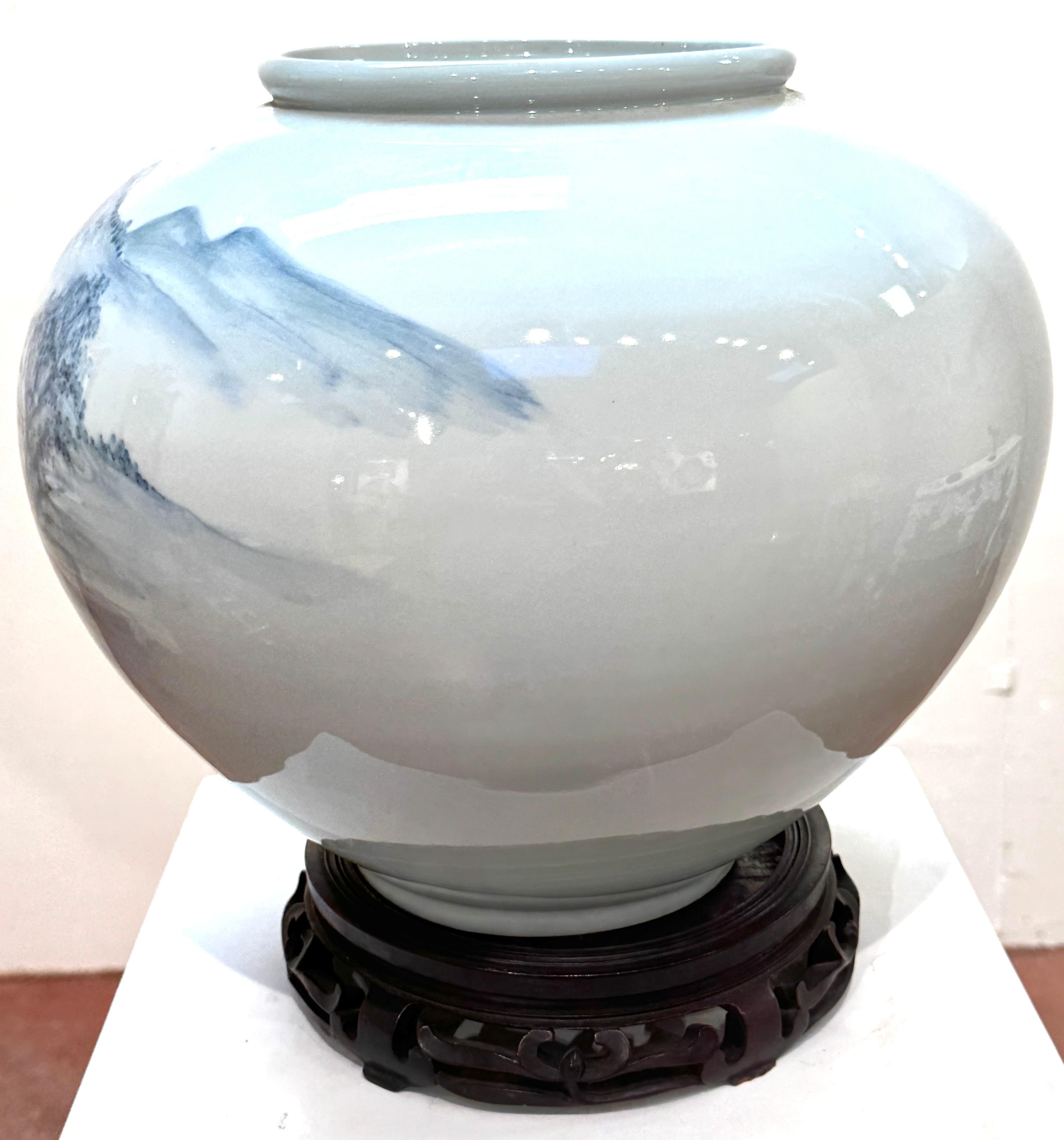 Monumental Fukagawa Blue and White Arita Landscape Vase, Signed, Mid-20th  C. For Sale 1