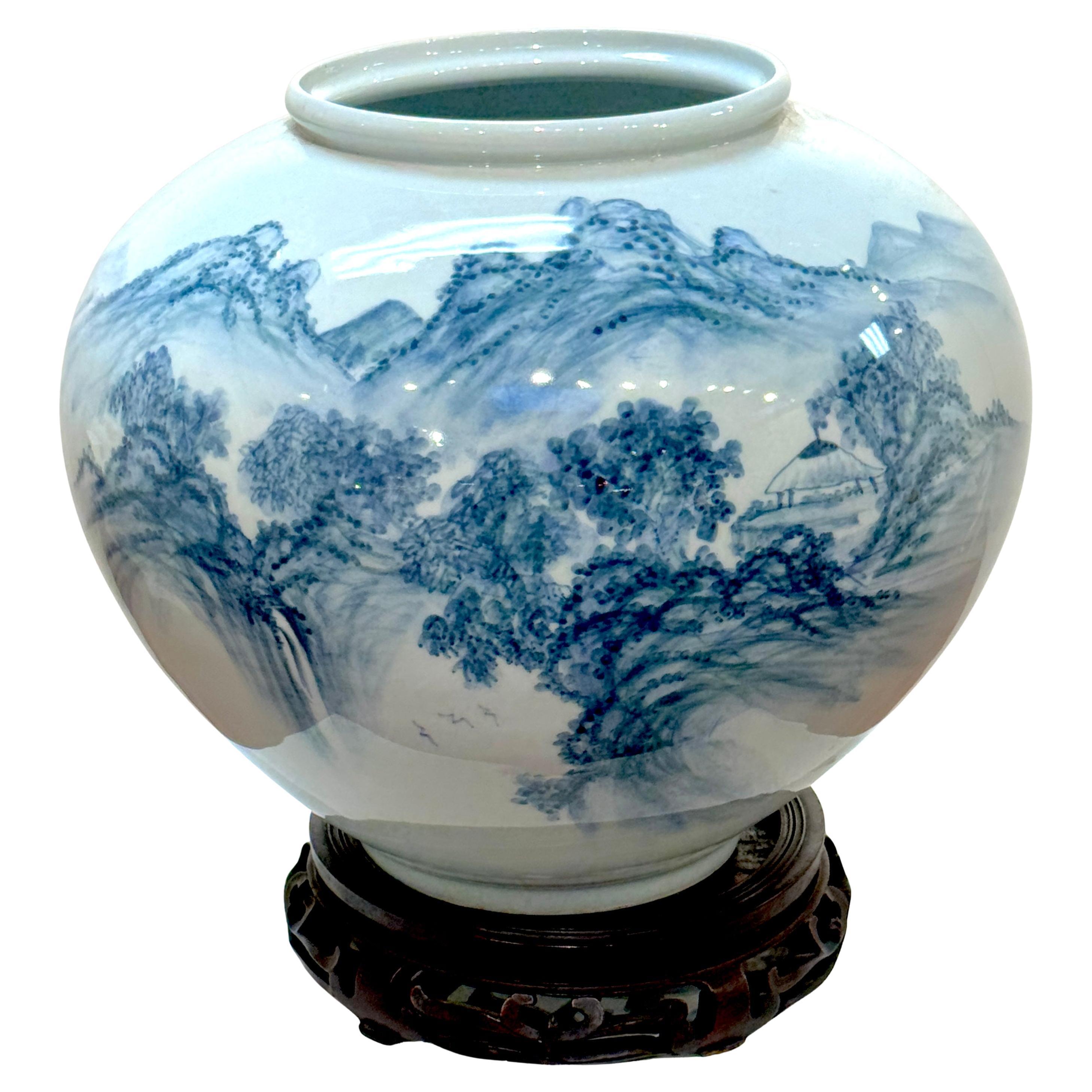 Monumental Fukagawa Blue and White Arita Landscape Vase, Signed, Mid-20th  C. For Sale