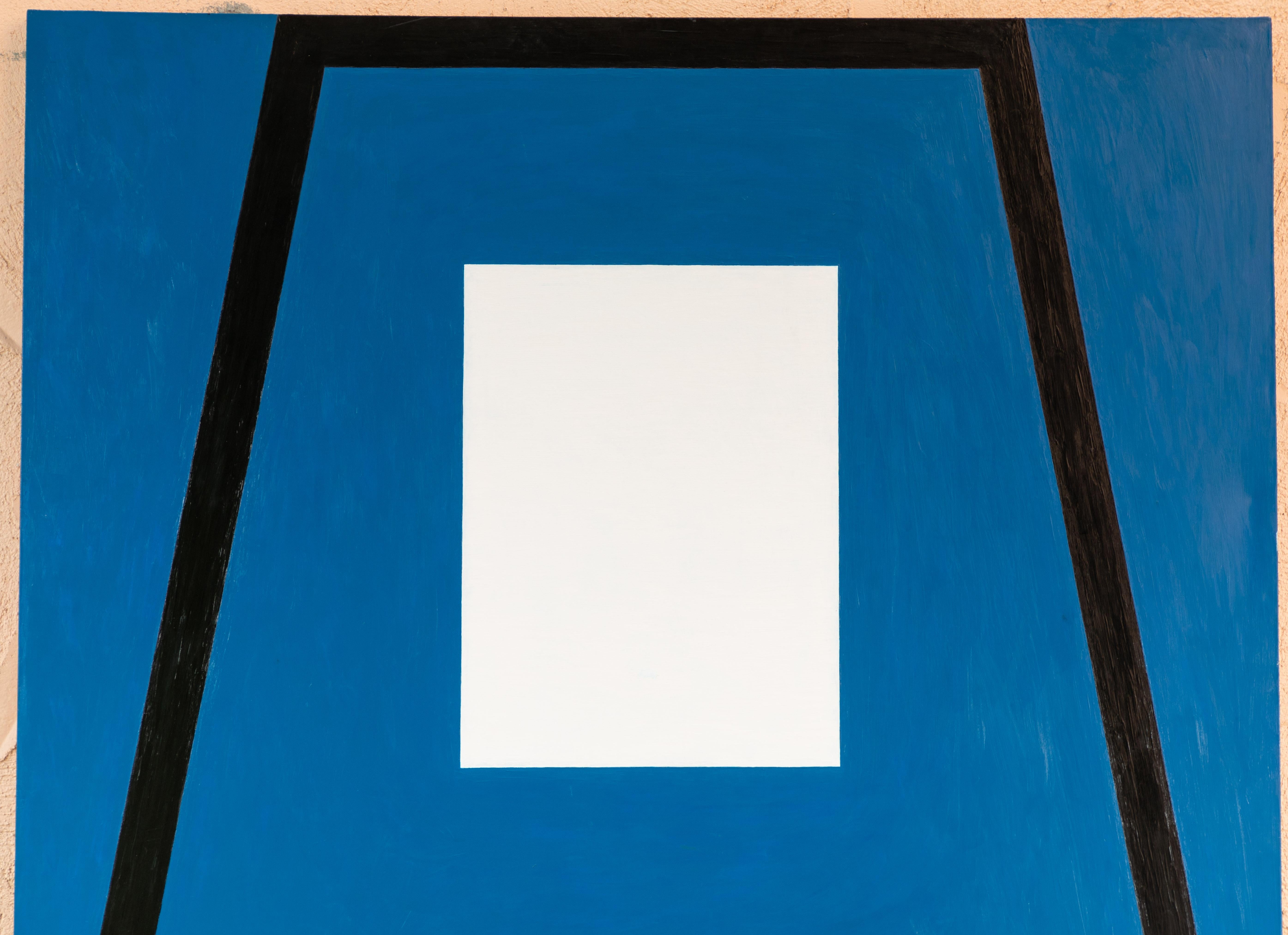Extremely large scale work by listed artist Andrew Spence (b.1947). Intense blue with black and white geometric forms create a striking work. 
Mr. Spence lives and works in new York City. He received his M.F.A. from the University of California