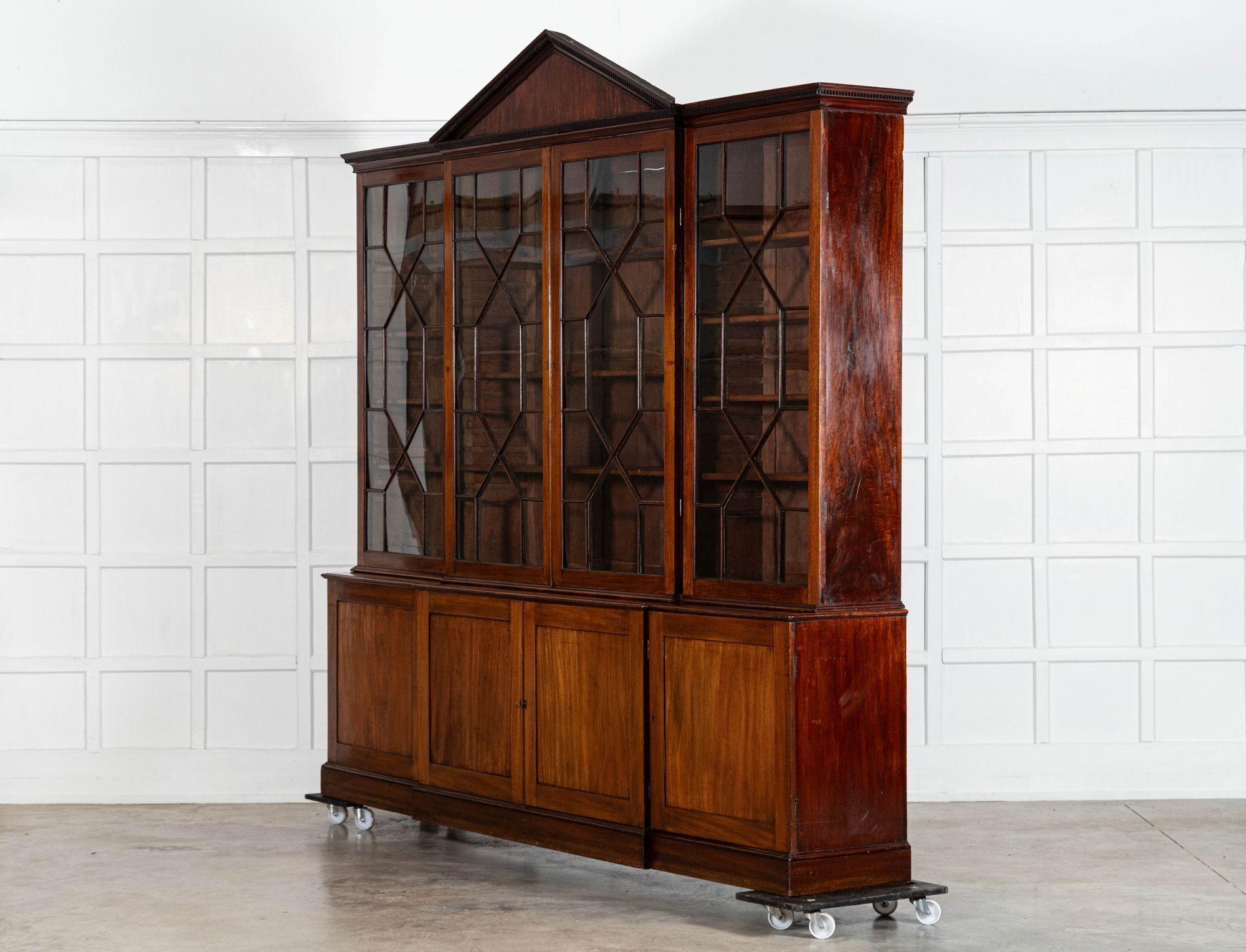 Monumental George III English Mahogany Breakfront Library Bookcase For Sale 1