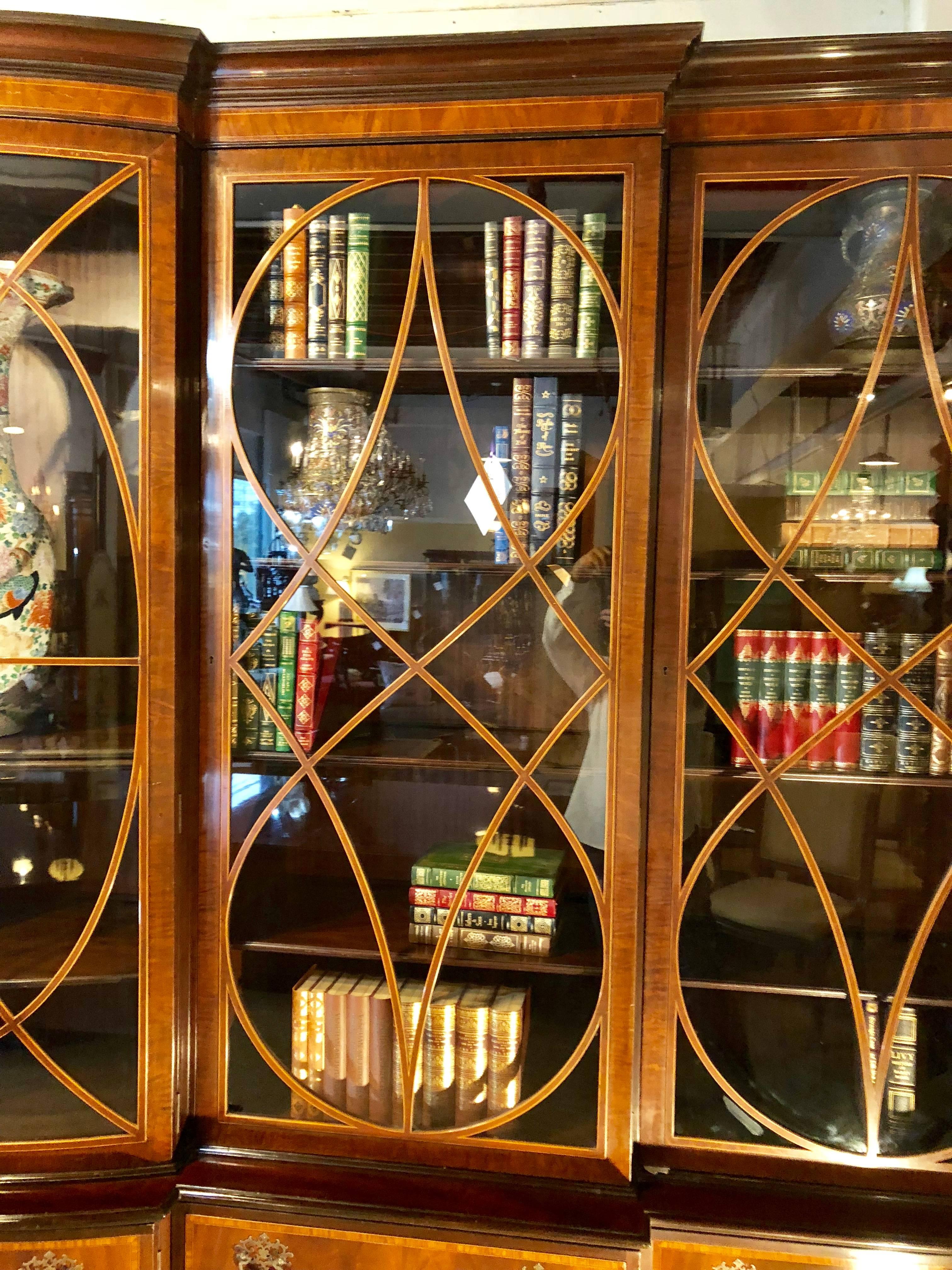 Mahogany Monumental Georgian Schmieg and Kotzian Custom Bow Breakfront Bookcase Cabinet