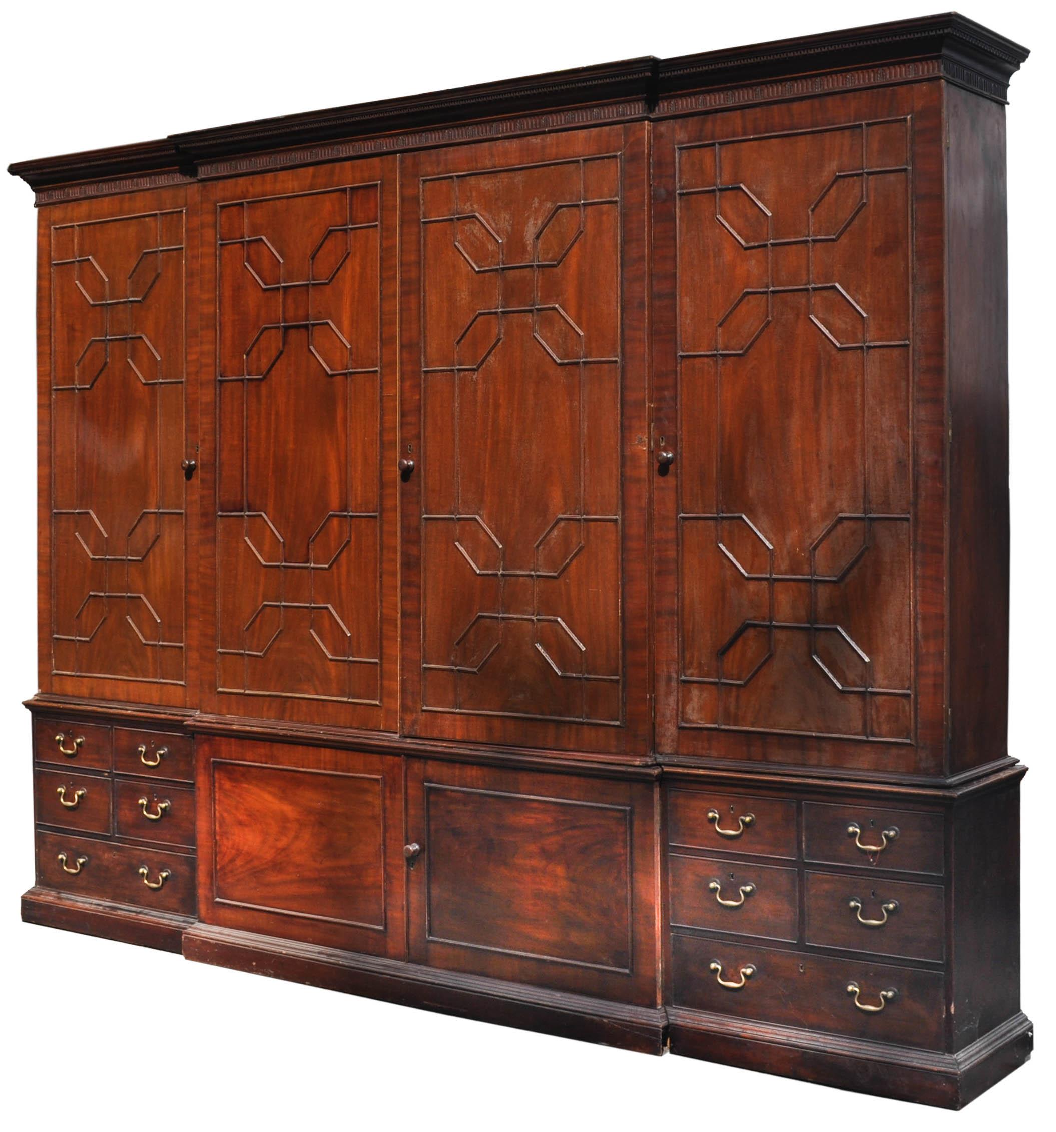 George III Monumental Georgian Antique Mahogany Breakfront Bibliotheque Library Bookcase