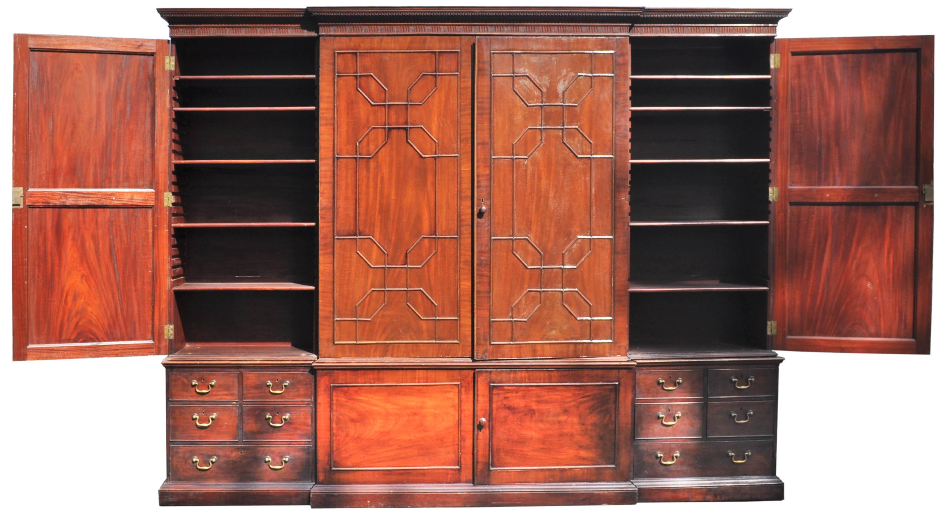 Monumental Georgian Antique Mahogany Breakfront Bibliotheque Library Bookcase 2