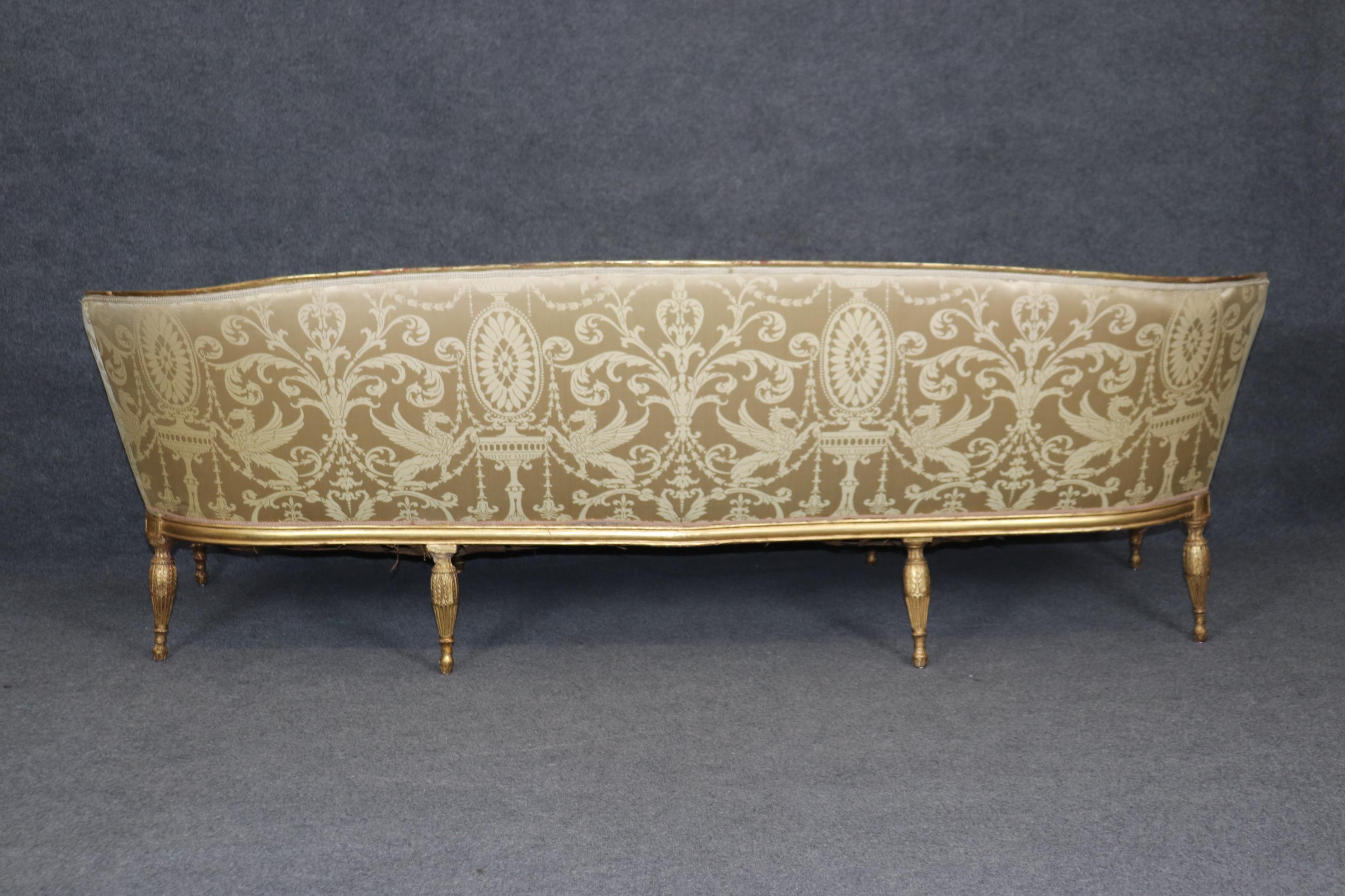 Monumental Gilded Meticulously Carved French Louis XVI Sofa Silk Upholstery For Sale 6