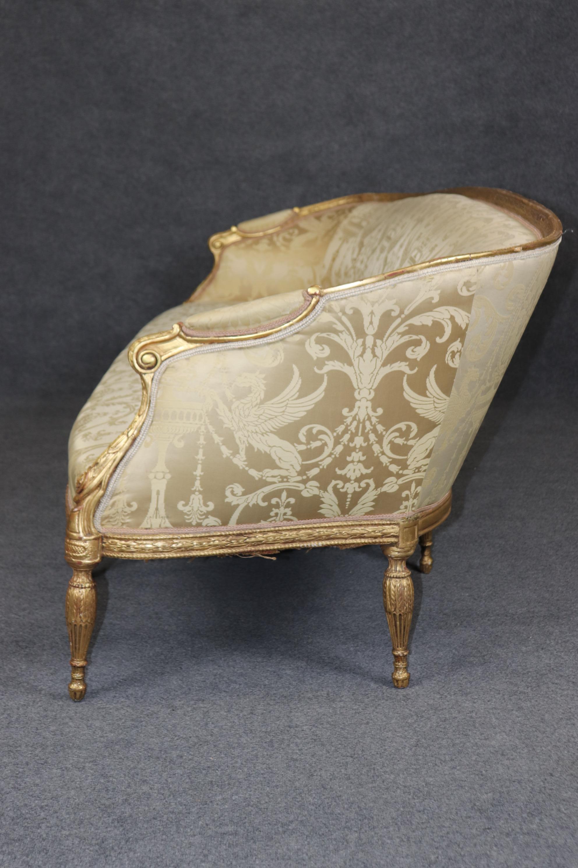 Late 19th Century Monumental Gilded Meticulously Carved French Louis XVI Sofa Silk Upholstery For Sale