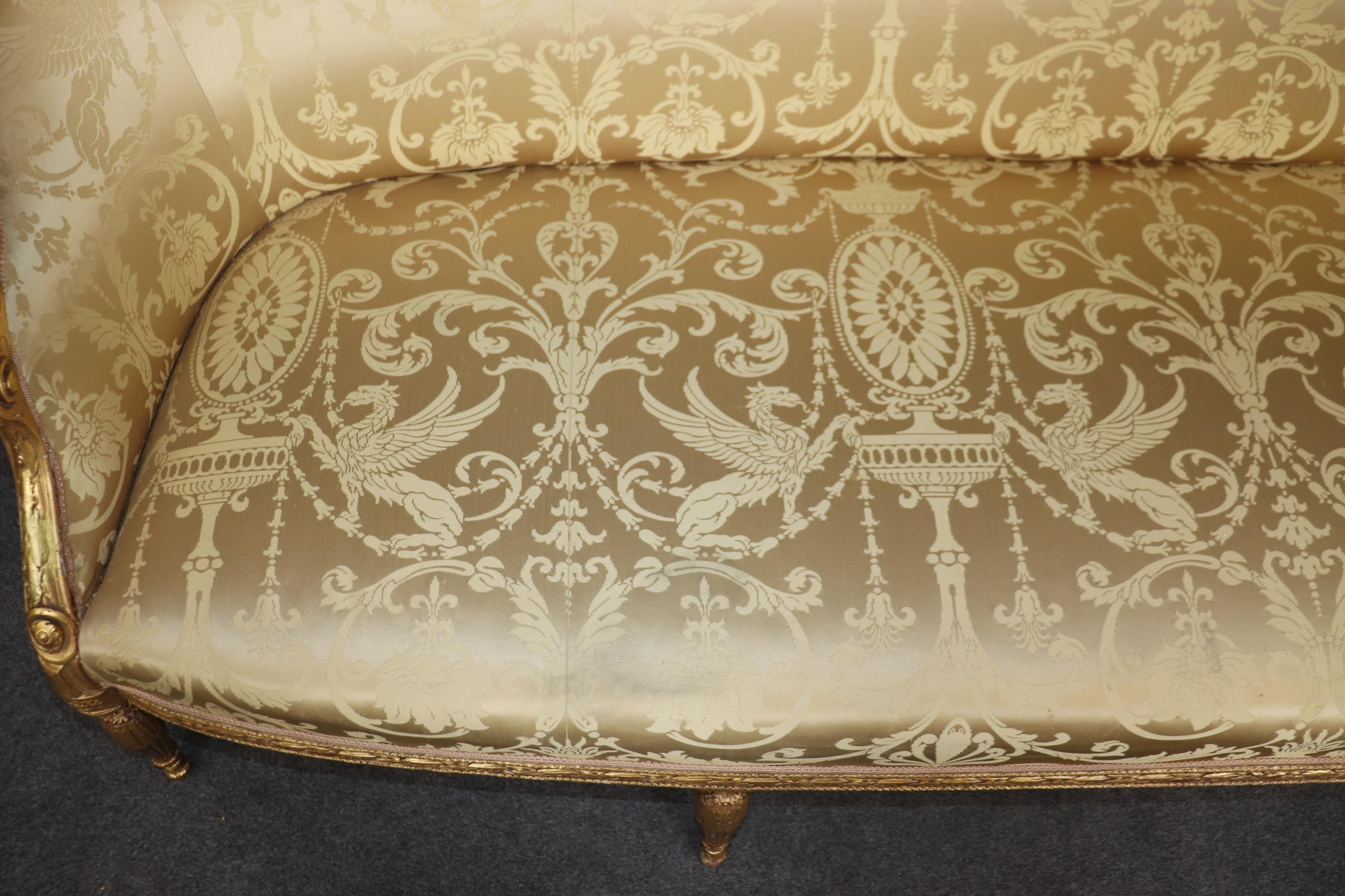 Monumental Gilded Meticulously Carved French Louis XVI Sofa Silk Upholstery For Sale 3