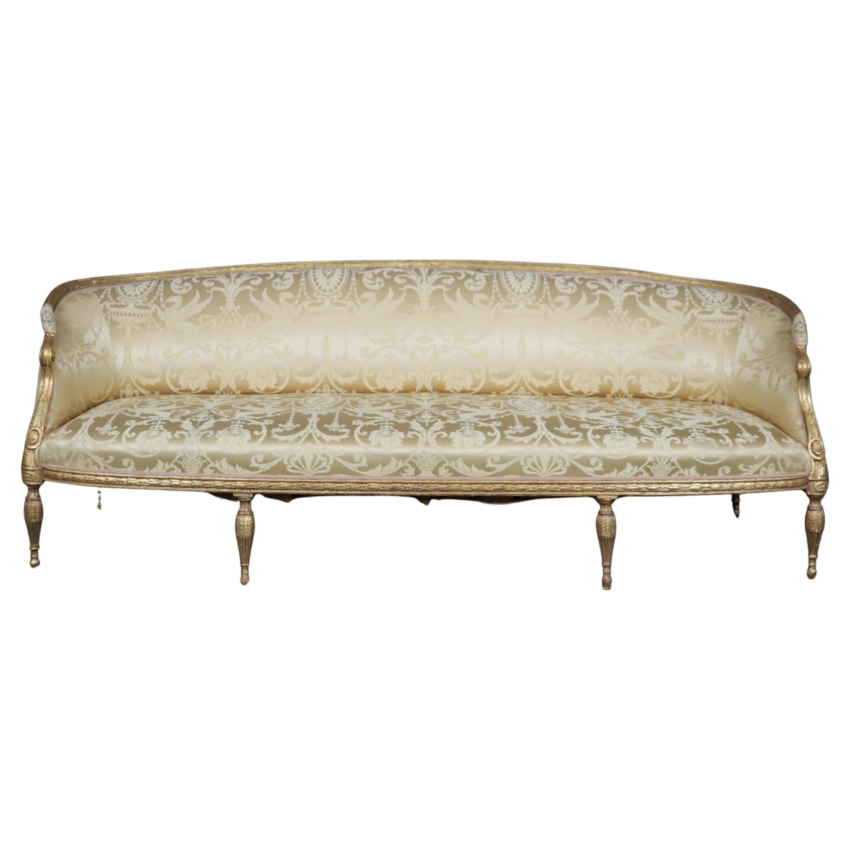 Monumental Gilded Meticulously Carved French Louis XVI Sofa Silk Upholstery
