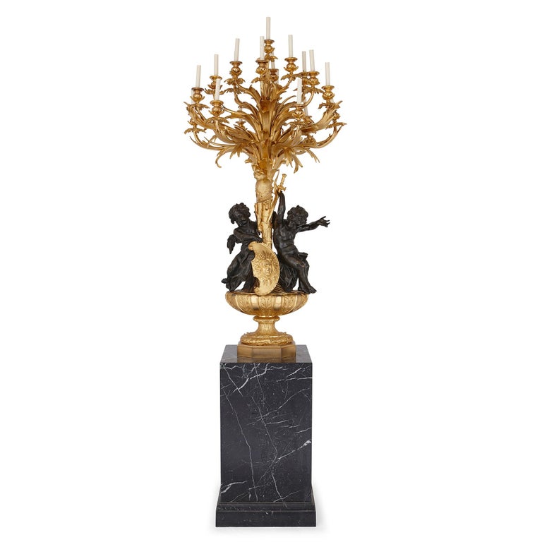 Baroque Monumental Gilt and Patinated Bronze Candelabra by Beurdeley For Sale
