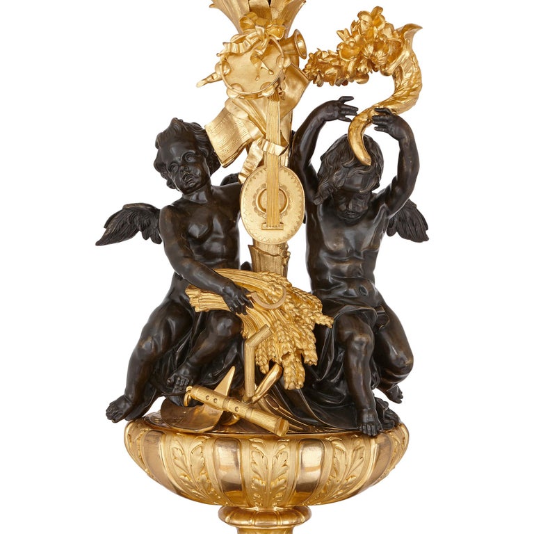 French Monumental Gilt and Patinated Bronze Candelabra by Beurdeley For Sale