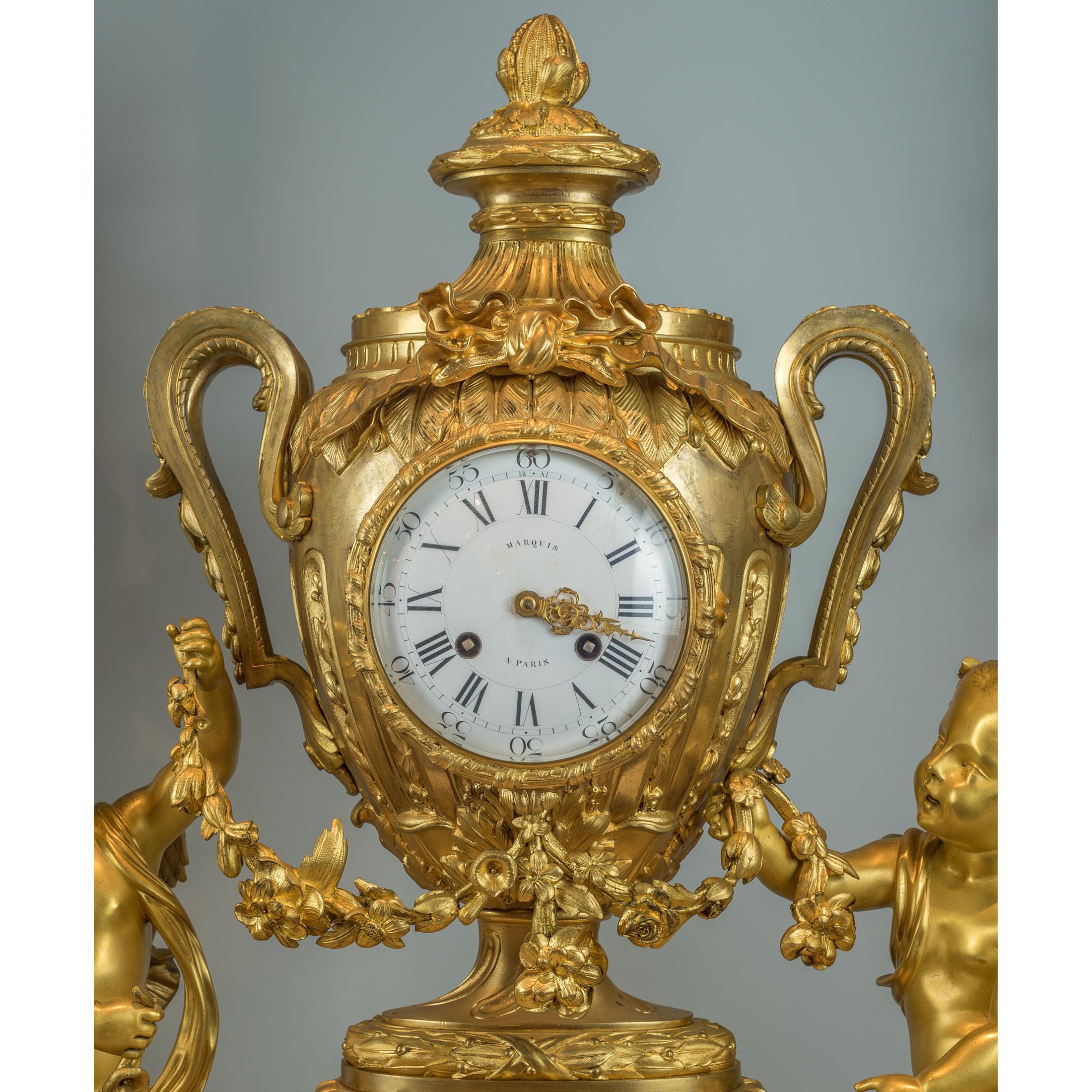 Monumental Gilt Bronze Clockset with Putti Playing with Flower Garlands For Sale 2