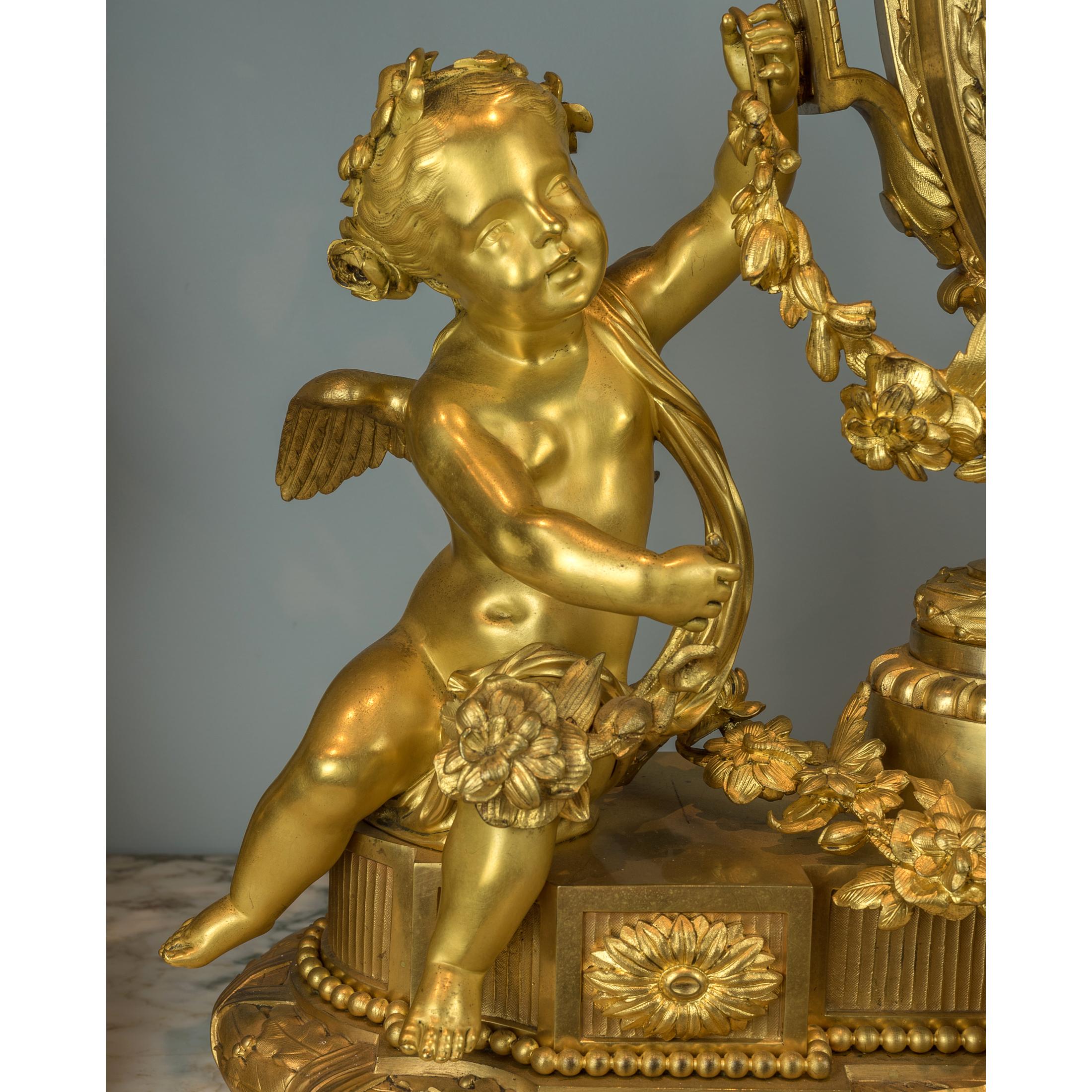 Monumental Gilt Bronze Clockset with Putti Playing with Flower Garlands For Sale 4