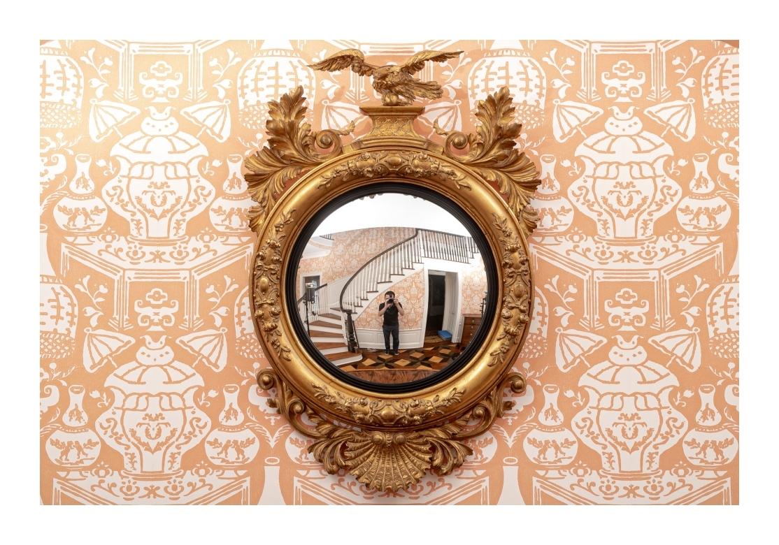 Monumental Gilt & Ebonized Convex Mirror with Eagle For Sale 3