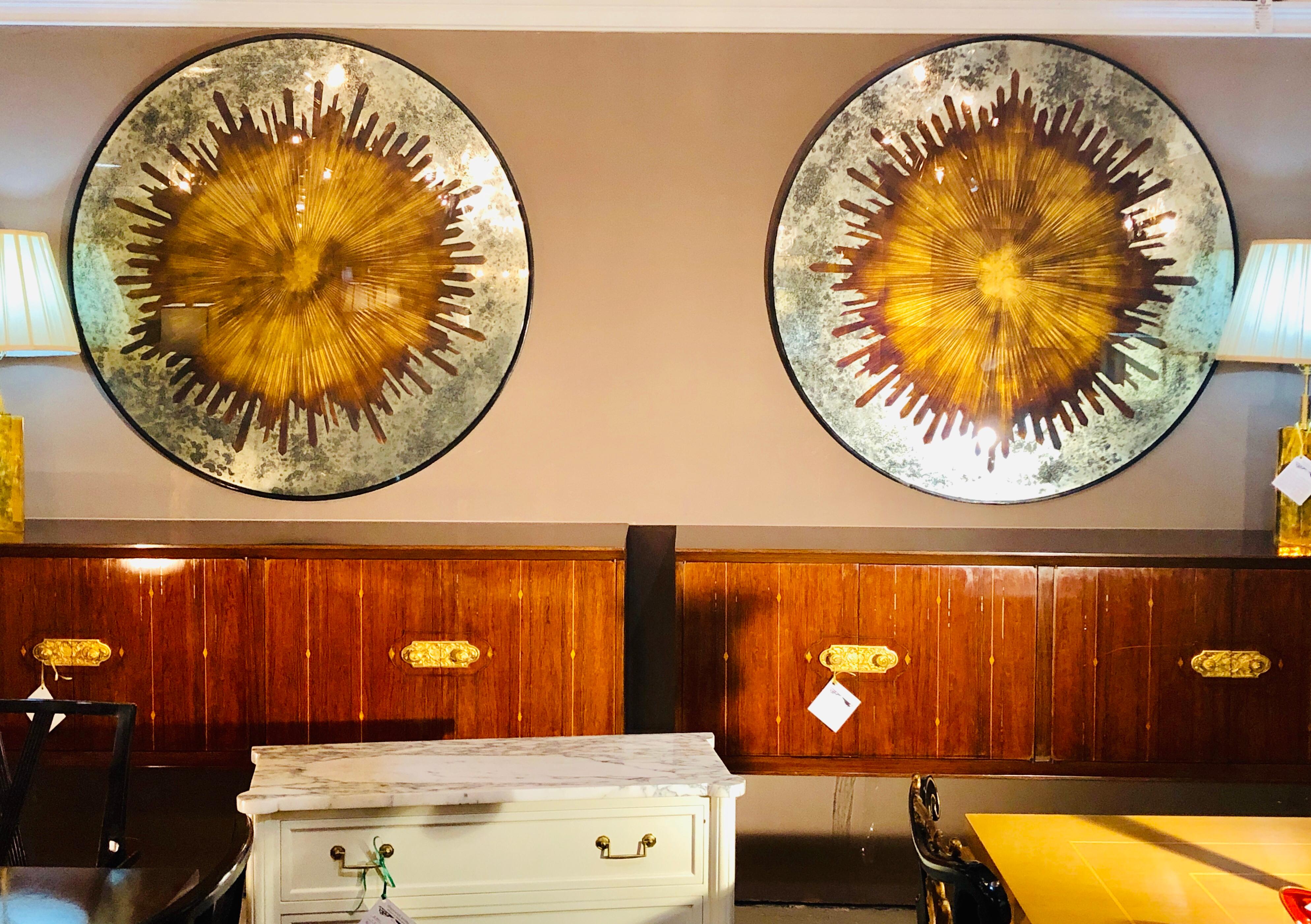 20th Century Monumental Gilt Gold & Silver Glass Art Deco Sunburst Mirrors or Table Tops Pair