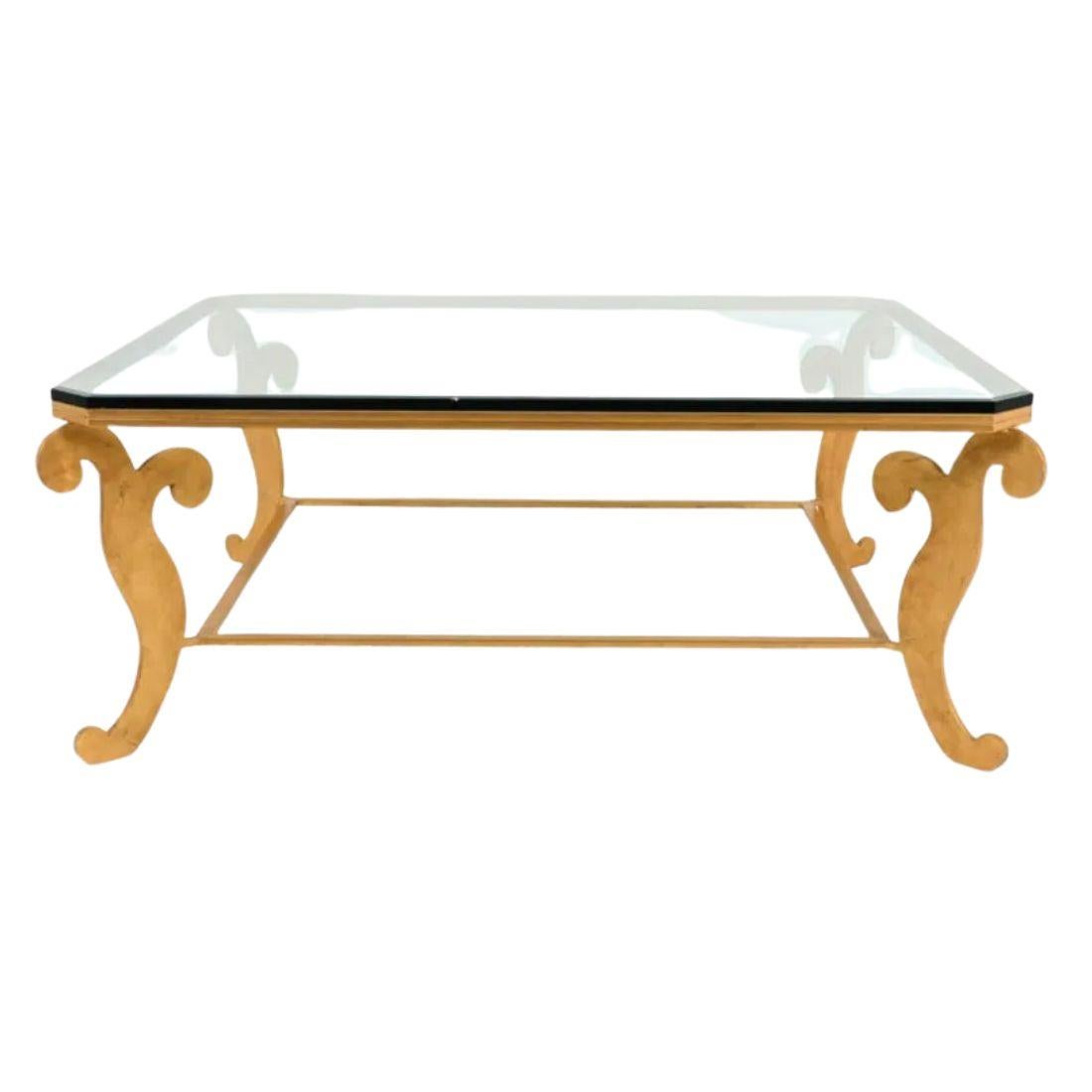 Biseauté Monumental Gilt Iron Coffee Table With Scroll Detail and Beveled Glass Top en vente