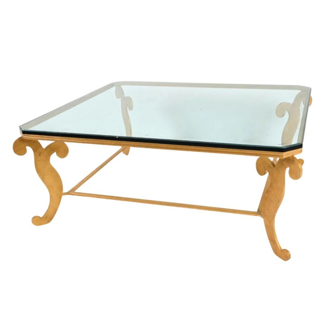Monumental Gilt Iron Coffee Table With Scroll Detail and Beveled Glass Top Bon état - En vente à Locust Valley, NY