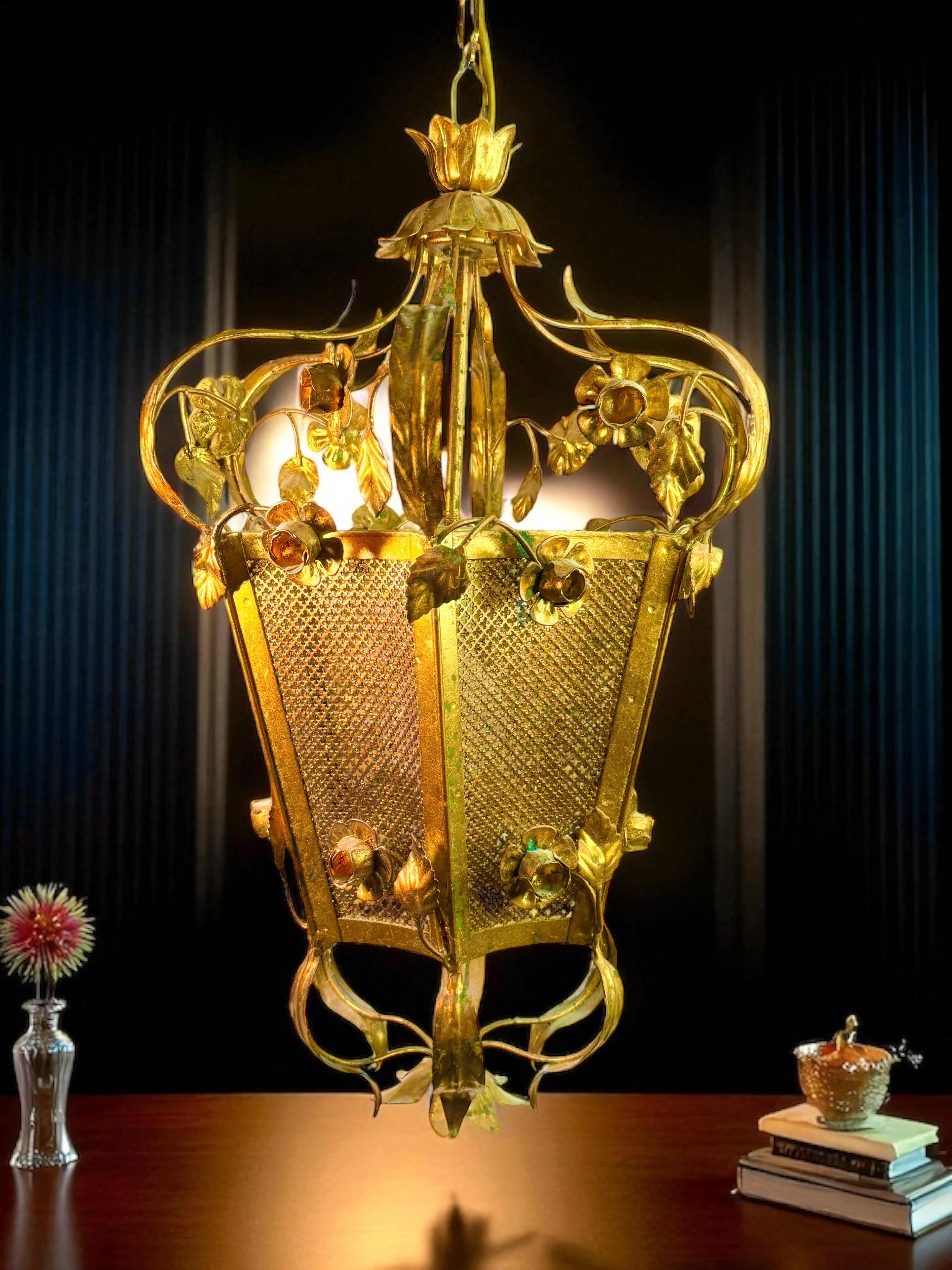 Monumental Lámpara Lámpara Colgante Flor Rosas Hoja Metal Dorado Koegl Tole en venta 5