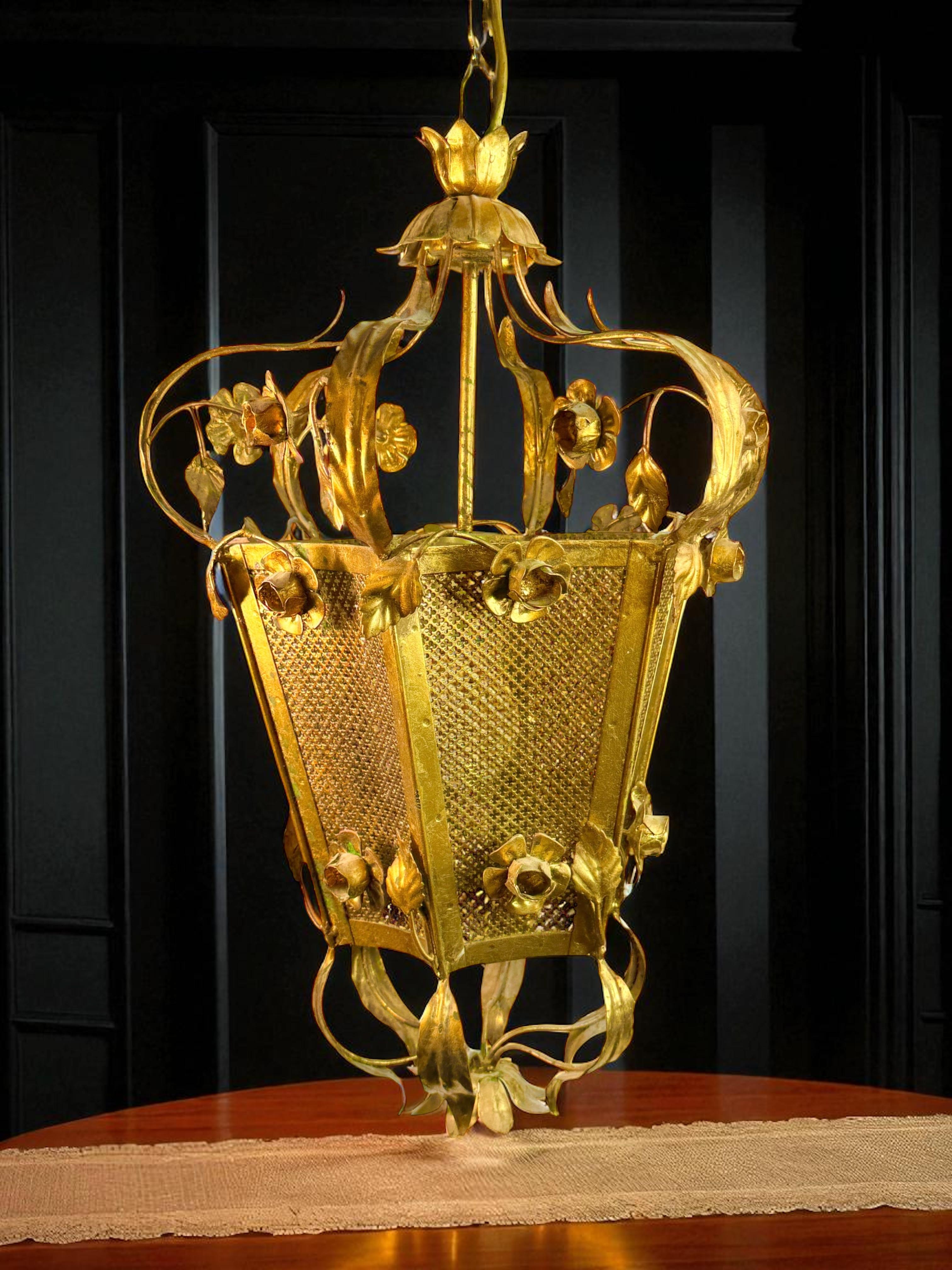 Monumental Lámpara Lámpara Colgante Flor Rosas Hoja Metal Dorado Koegl Tole en venta 6