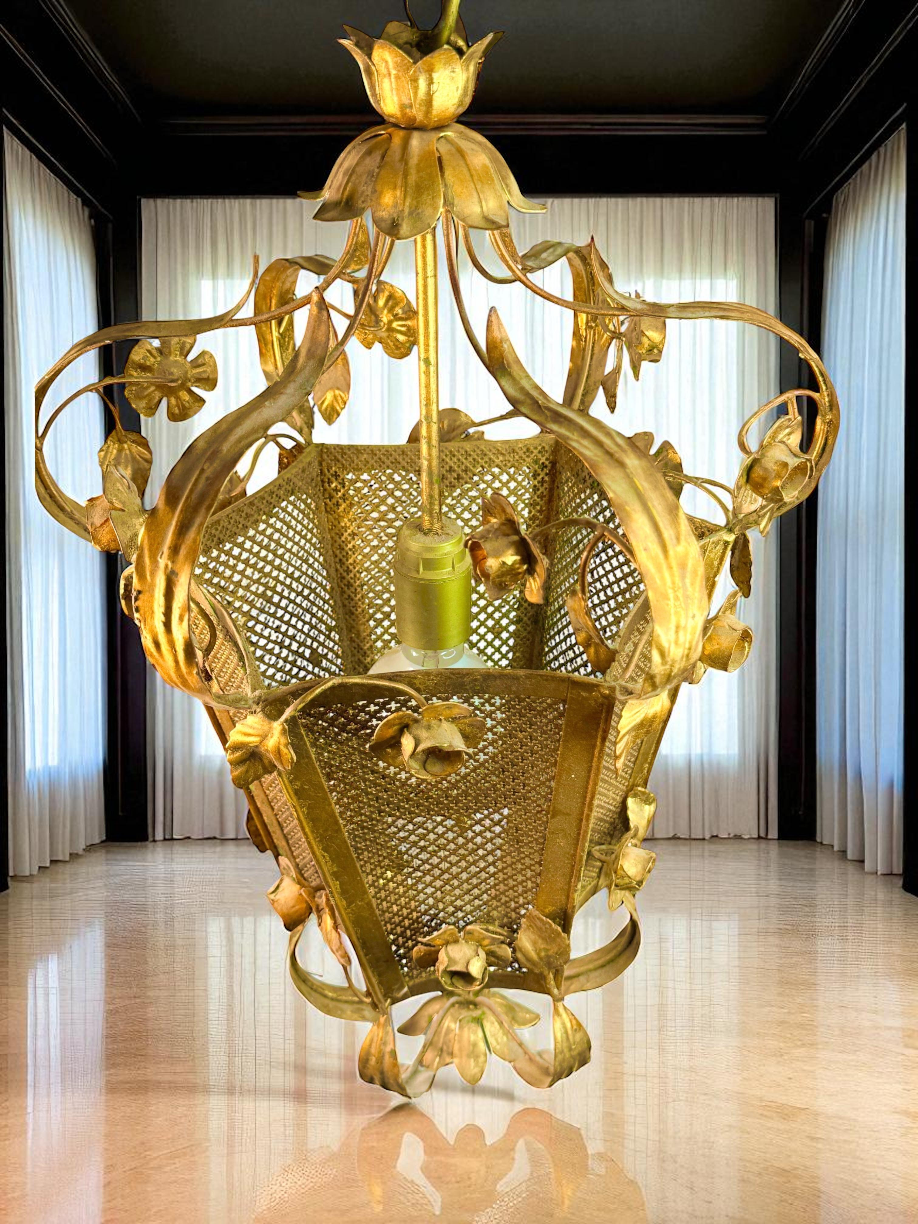 Monumental Lámpara Lámpara Colgante Flor Rosas Hoja Metal Dorado Koegl Tole en venta 8