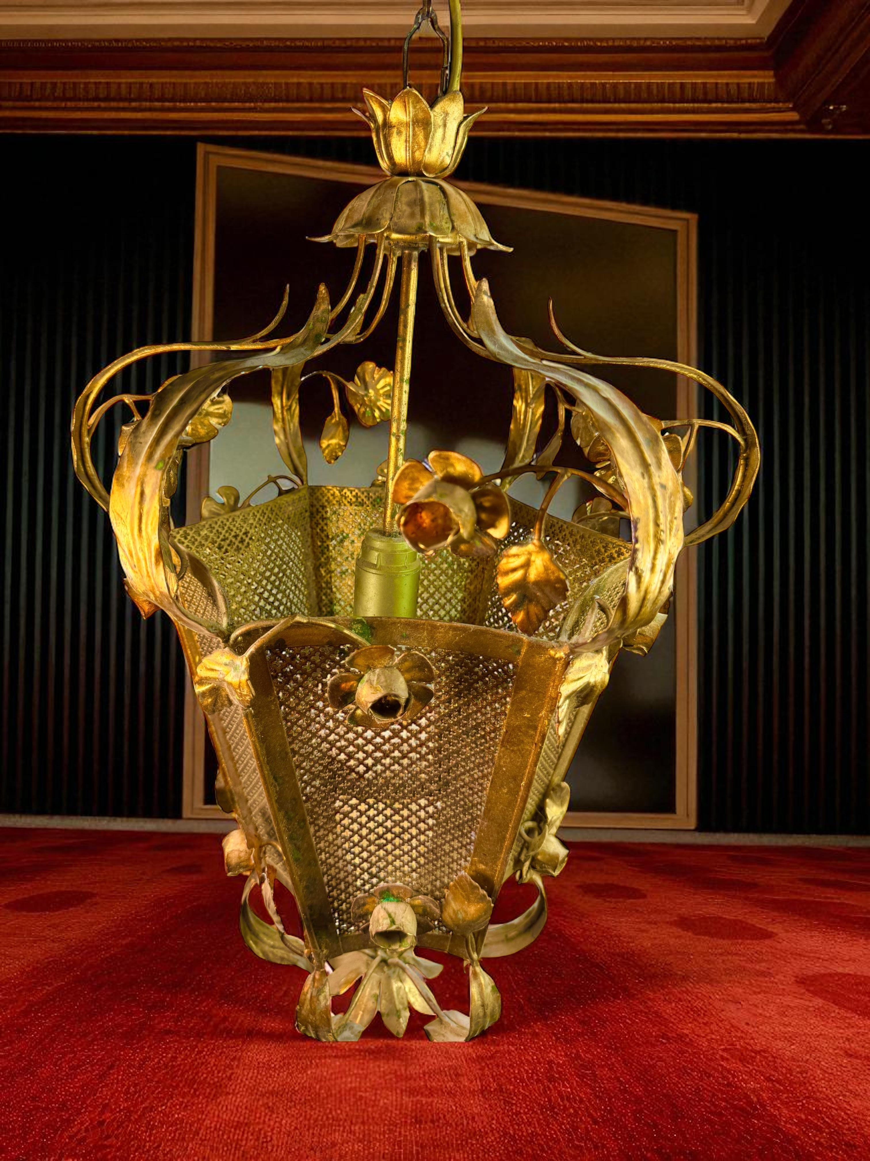 Monumental Lámpara Lámpara Colgante Flor Rosas Hoja Metal Dorado Koegl Tole en venta 10