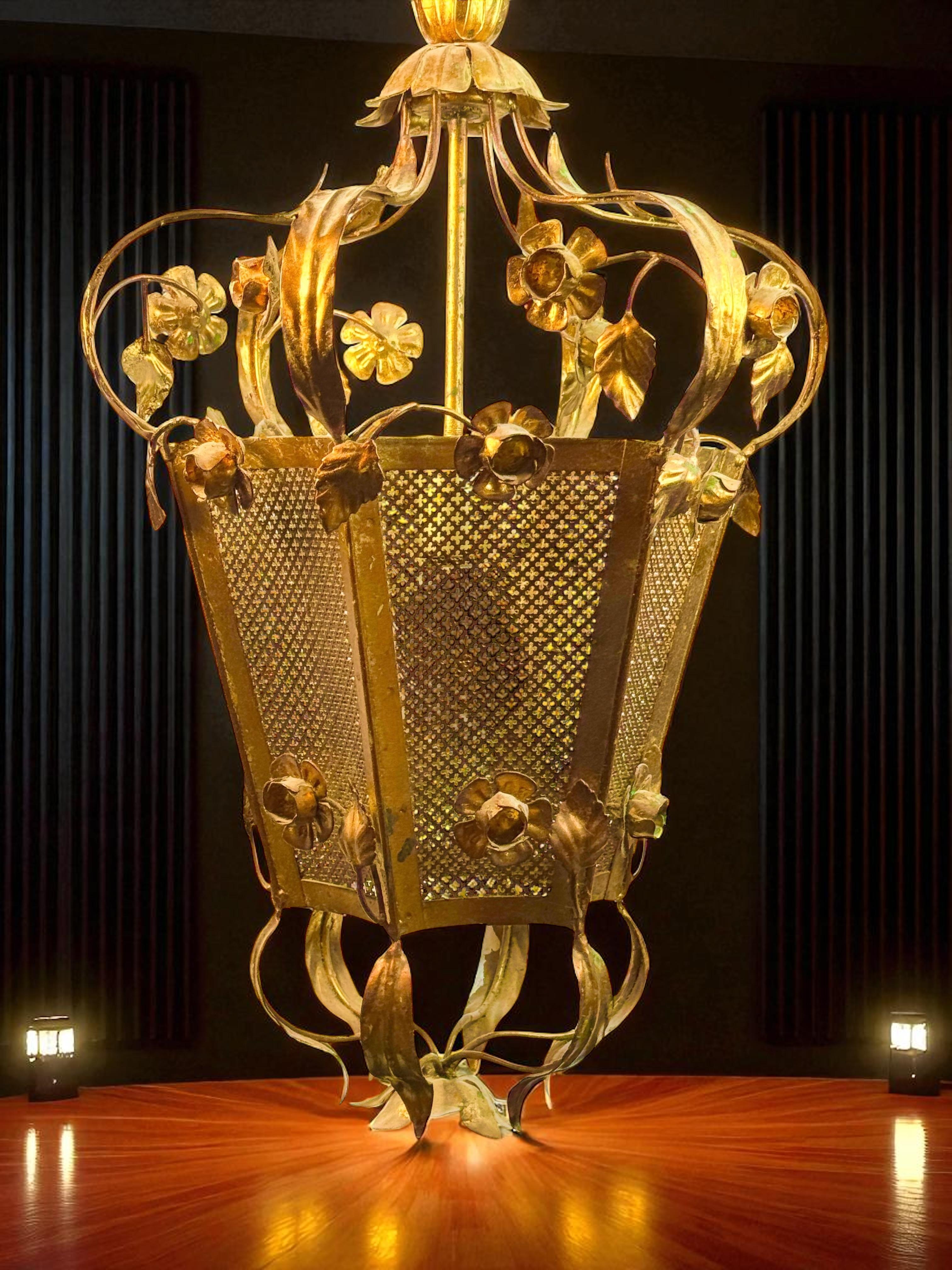 Monumental Lámpara Lámpara Colgante Flor Rosas Hoja Metal Dorado Koegl Tole en venta 11