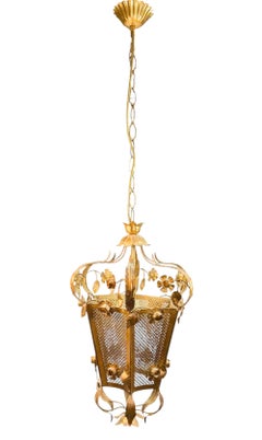 Monumental Gilt Metal Flower Roses Leaf Lantern Chandelier Pendant Koegl Tole