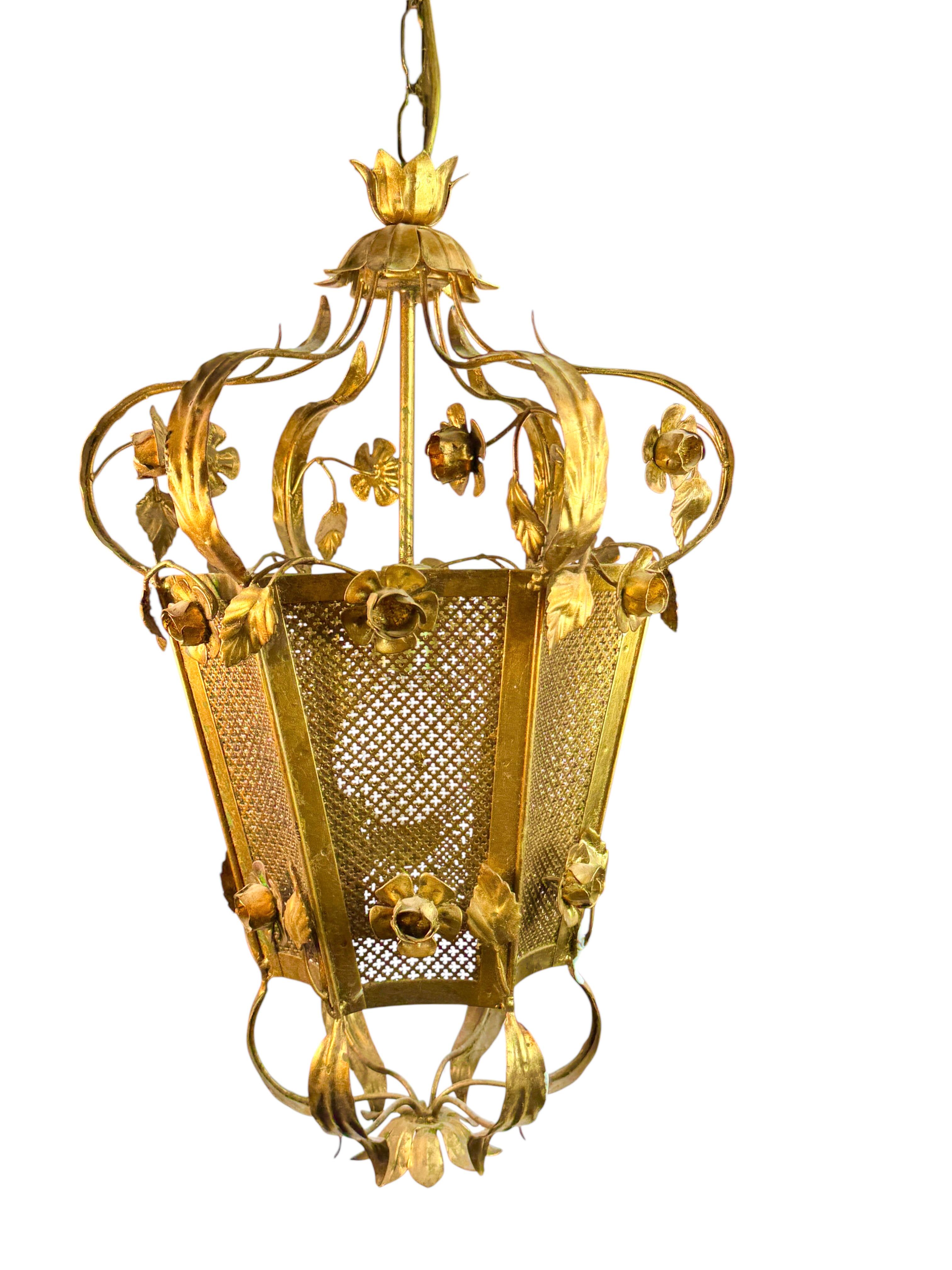 Monumental Lámpara Lámpara Colgante Flor Rosas Hoja Metal Dorado Koegl Tole Alemán en venta