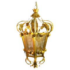 Monumental Gilt Metal Flower Roses Leaf Lantern Chandelier Pendant Koegl Tole