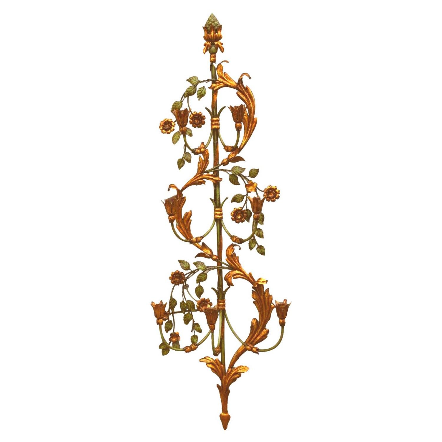Applique monumentale en métal doré et feuilles de tôle Tole Hollywood Regency Palladio, Italie