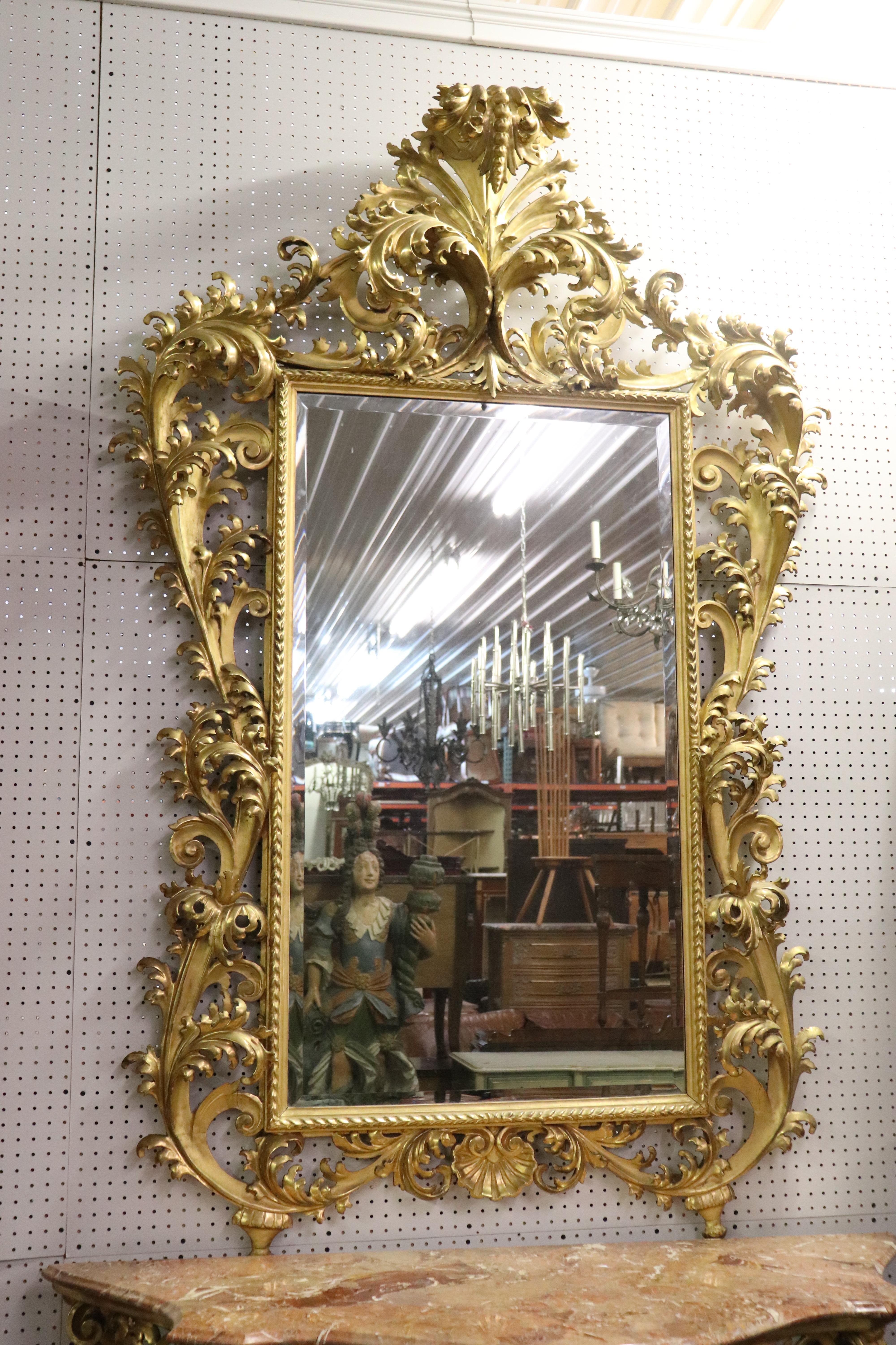 Louis XV Monumental Giltwood Florentine Mirror with Marble-Top Console Table, circa 1940 For Sale