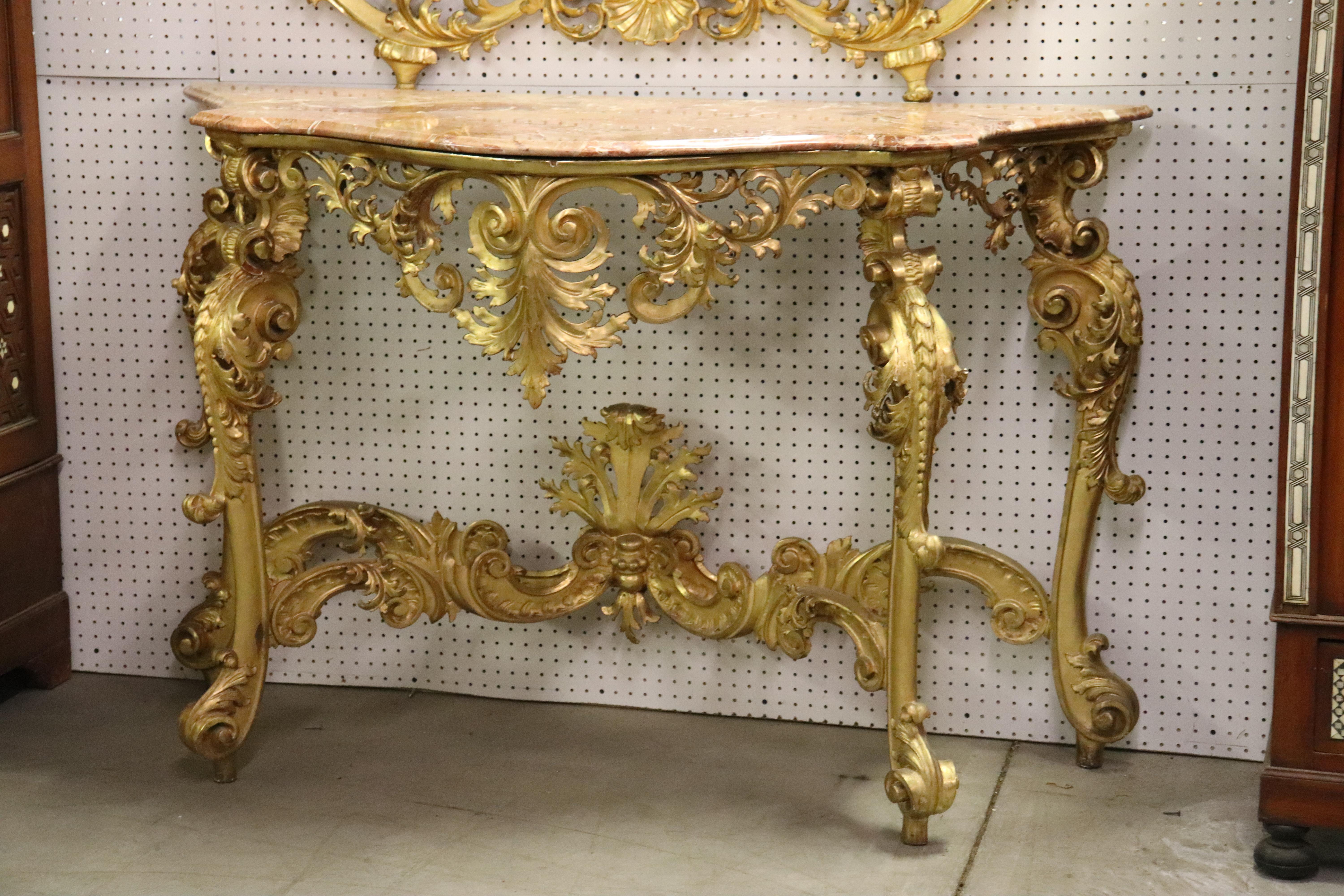Italian Monumental Giltwood Florentine Mirror with Marble-Top Console Table, circa 1940 For Sale