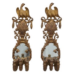 Monumental Giltwood Federal Neo-Classical Style Eagle Sconces Mirrors - Pair