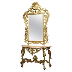 Vintage Monumental Giltwood Florentine Mirror with Marble-Top Console Table, circa 1940