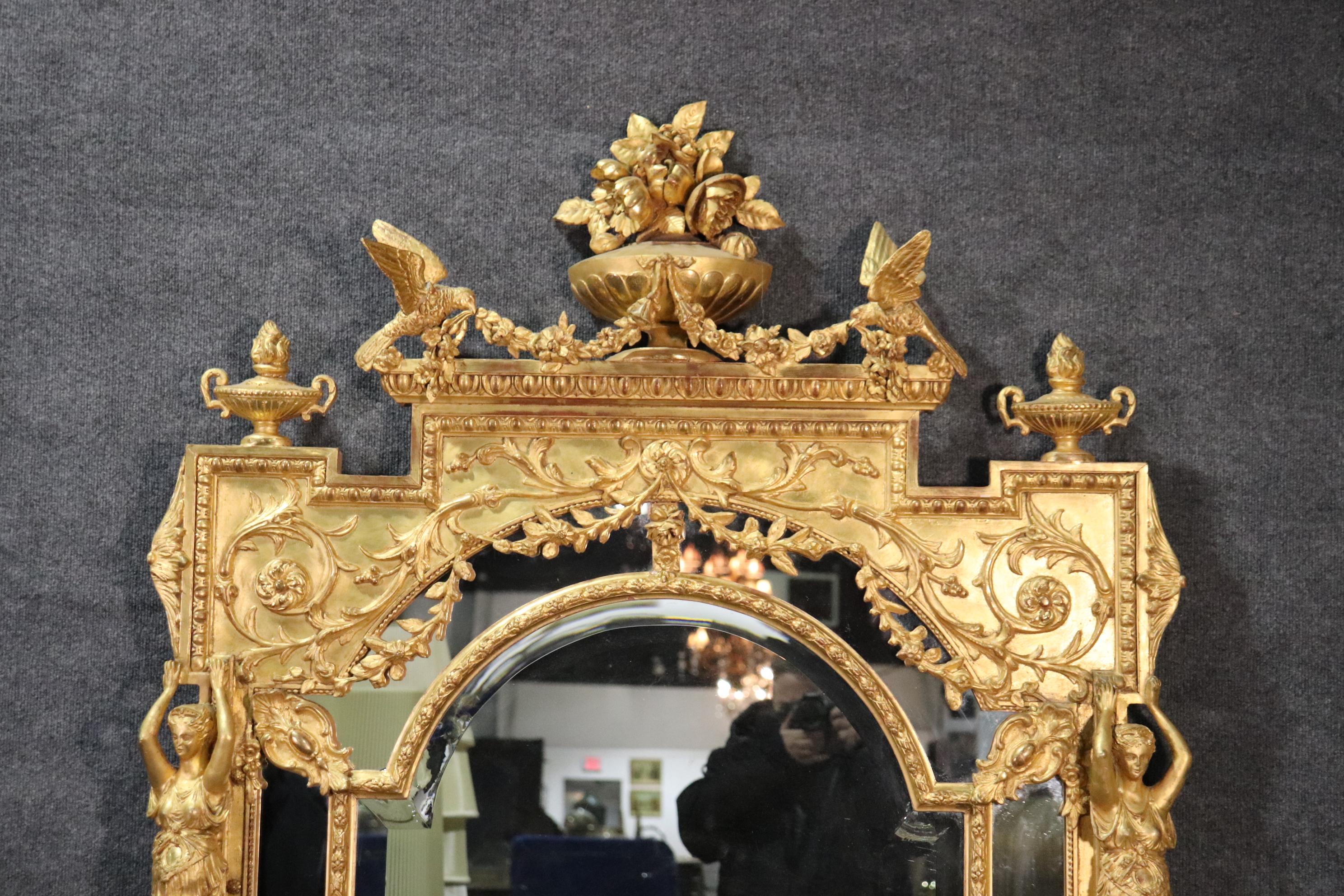 19th Century Monumental Giltwood French Regence Figural Mirror with Maidens and Birds