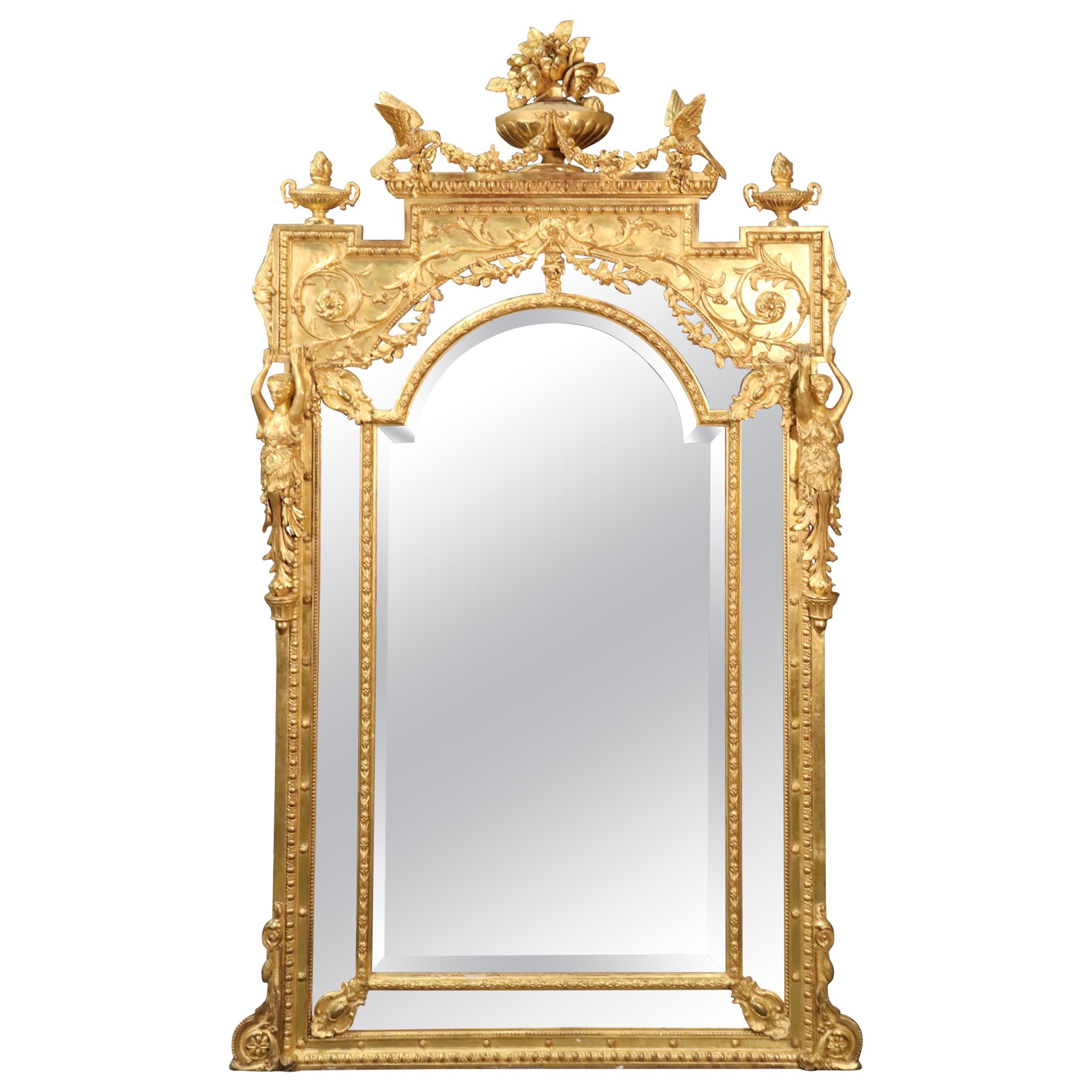 Monumental Giltwood French Regence Figural Mirror with Maidens and Birds